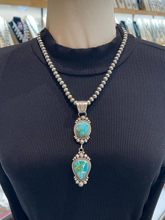20" 6mm Navajo Style Pearl 2 Stone Sonoran Gold Turquoise Pendant by Tom Lewis, Navajo
