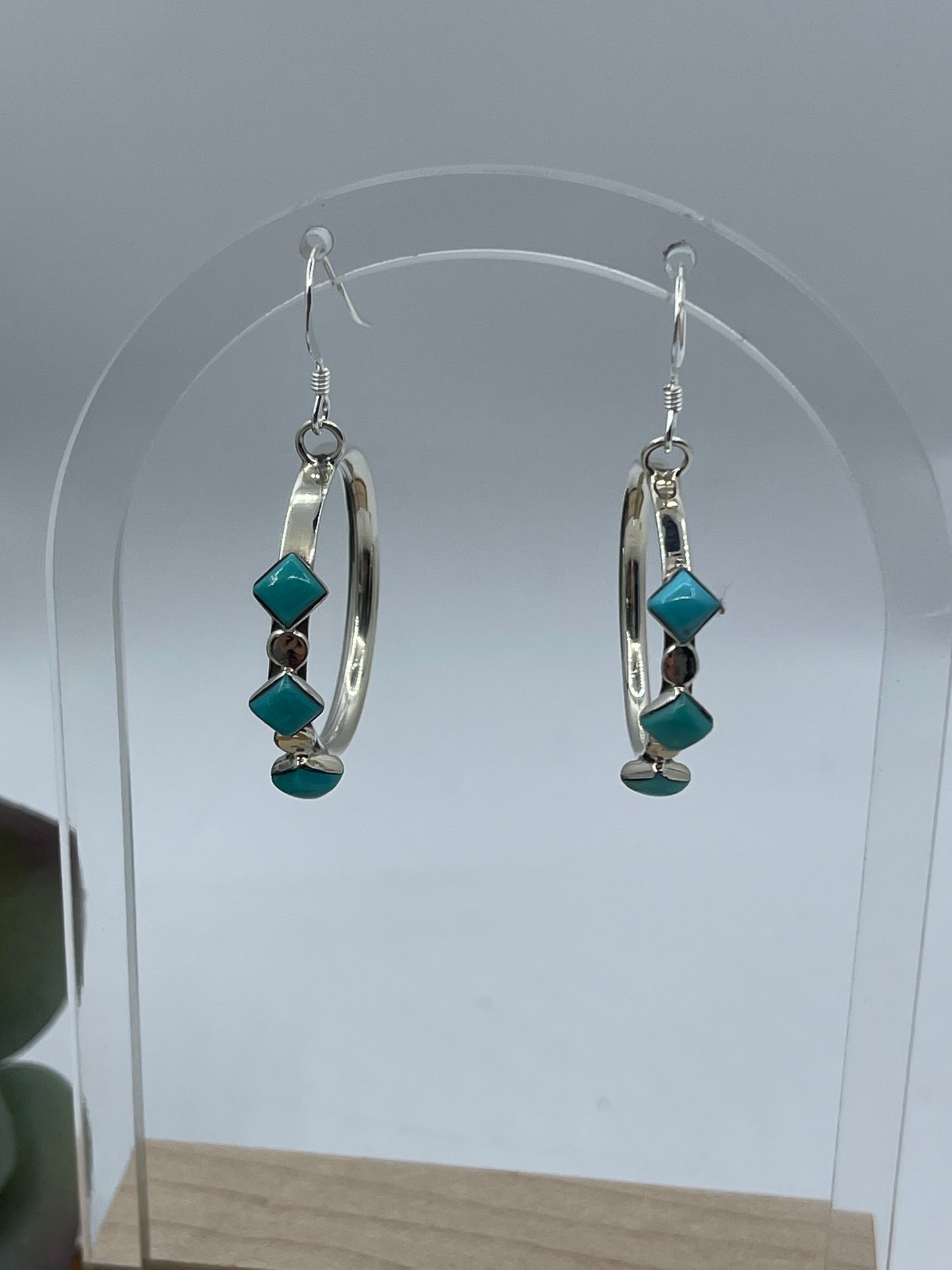 3 Stone Turquoise Dangle Hoop Earrings by Phyllis Smith, Navajo