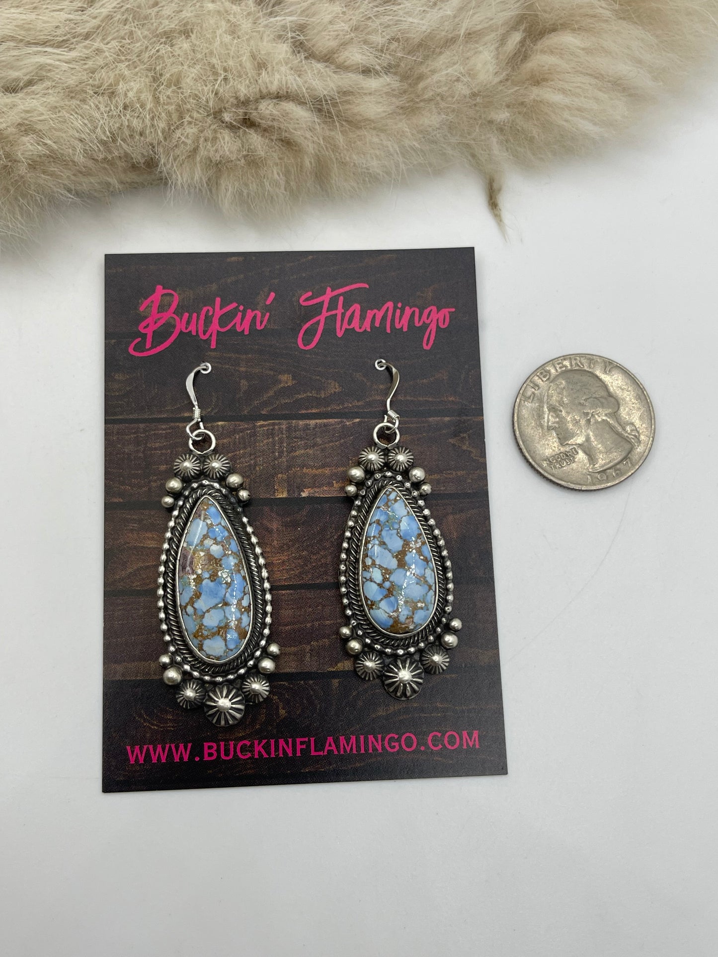 20" 9.5mm Golden Hills Turquoise Lariat Necklace & Earring Set by Tom Lewis, Navajo, Handmade Navajo Pearls 5” Drop