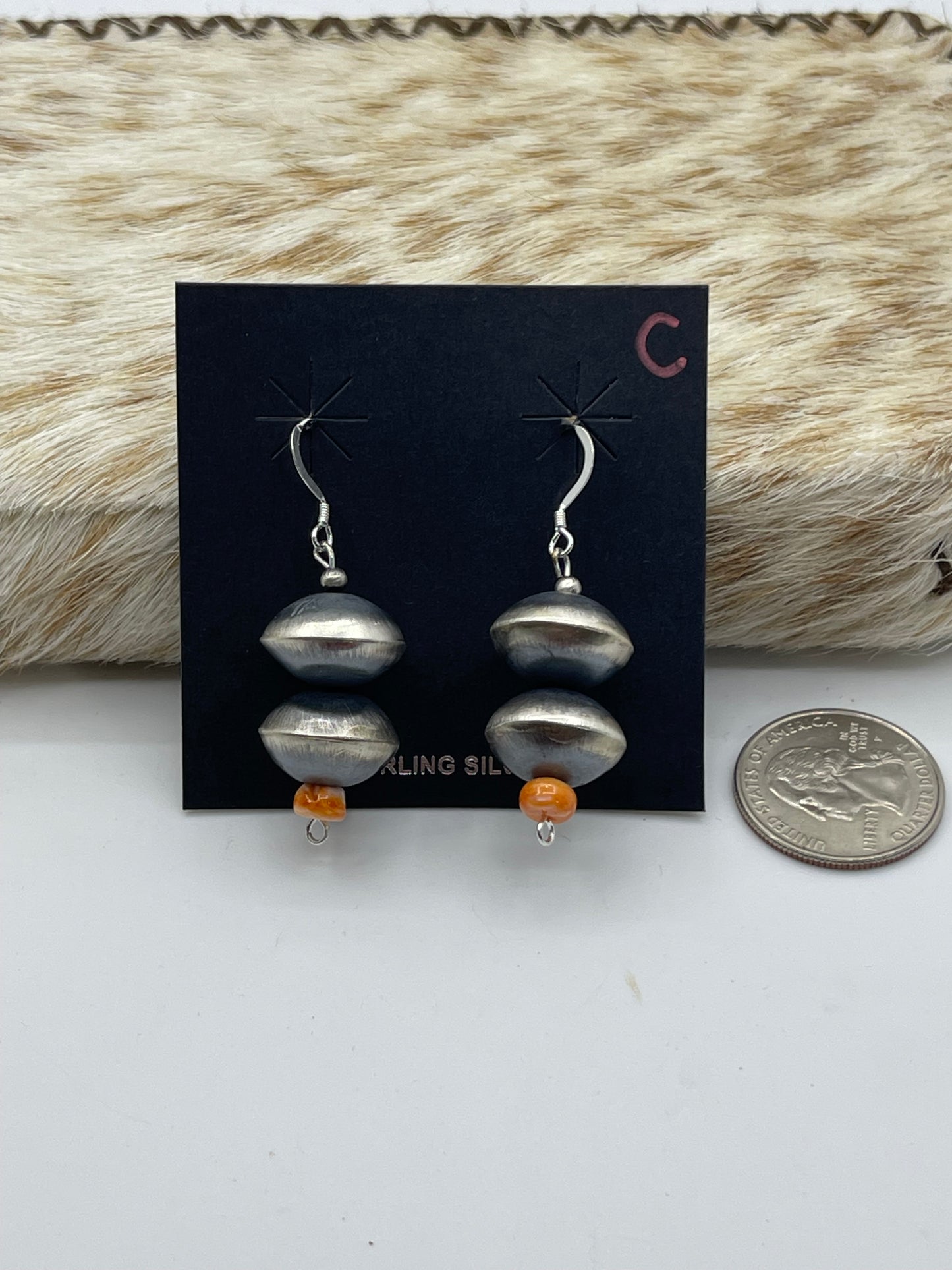 Handmade Navajo Pearl Orange Spiny Oyster Dangle Earrings by Tysha Aparicio, Navajo