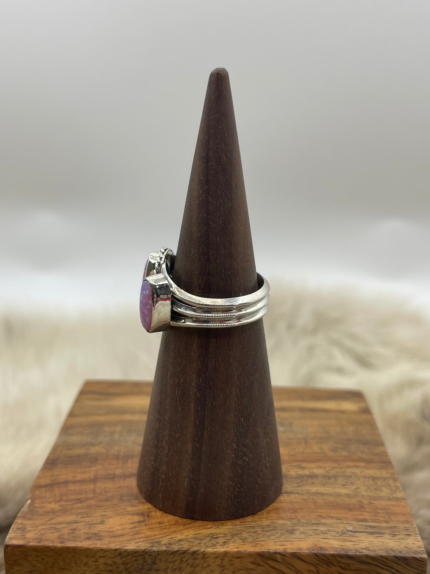 6.0 Pink Opal 3 Stone Ring by Andrew Vandever, Navajo