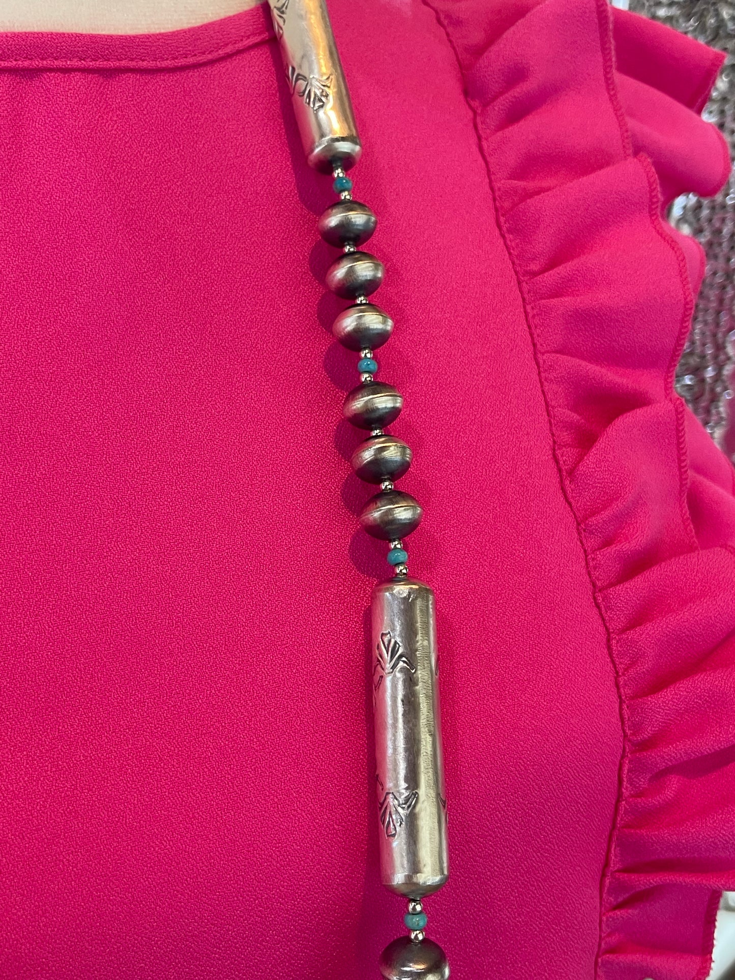 32" 13mm Handmade Navajo Pearls & Dangle Earring Set by Sharon Cooley,l Navajo