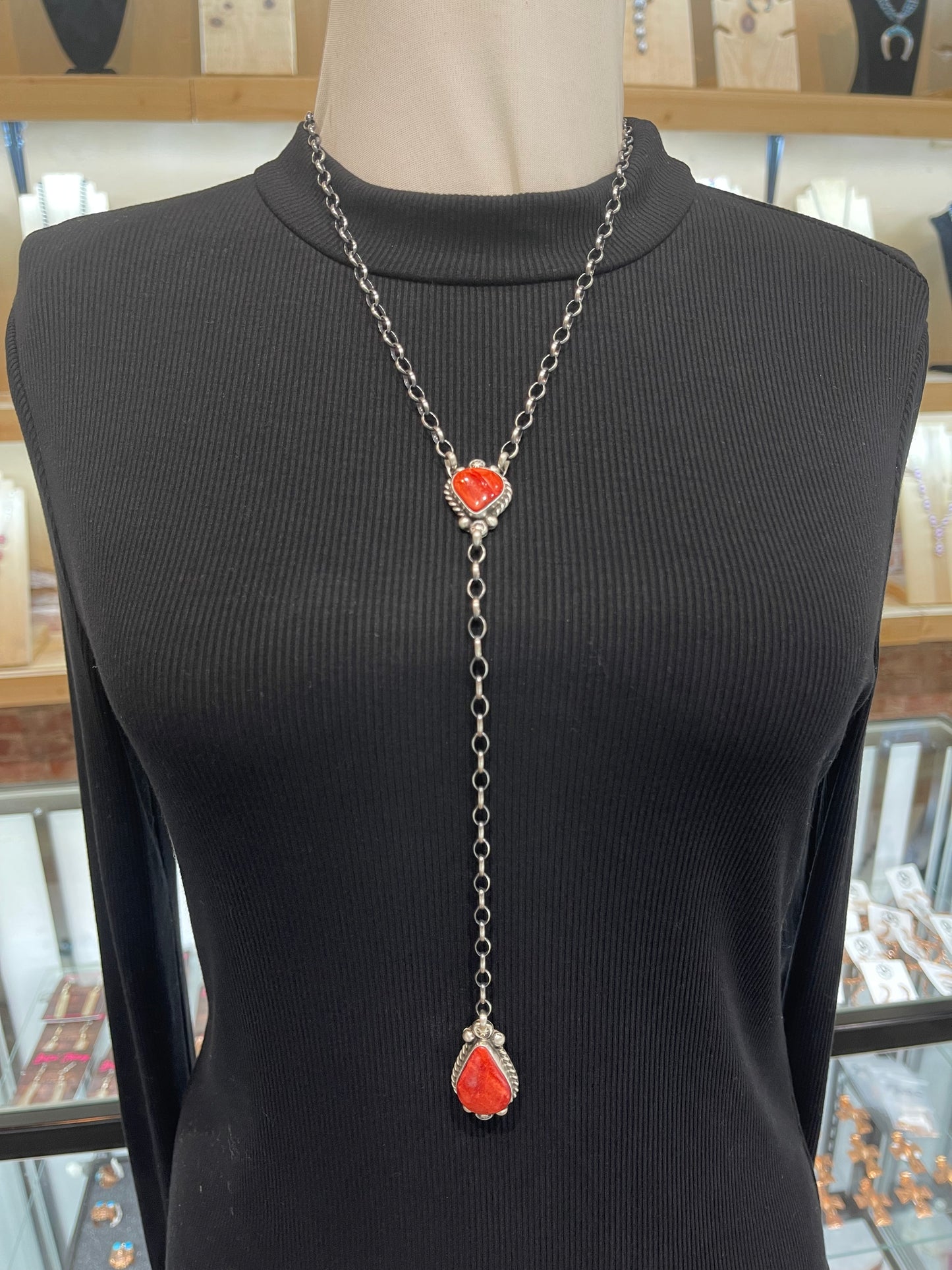 20" + 9" Red Spiny Oyster Necklace by Augustine Largo, Navajo