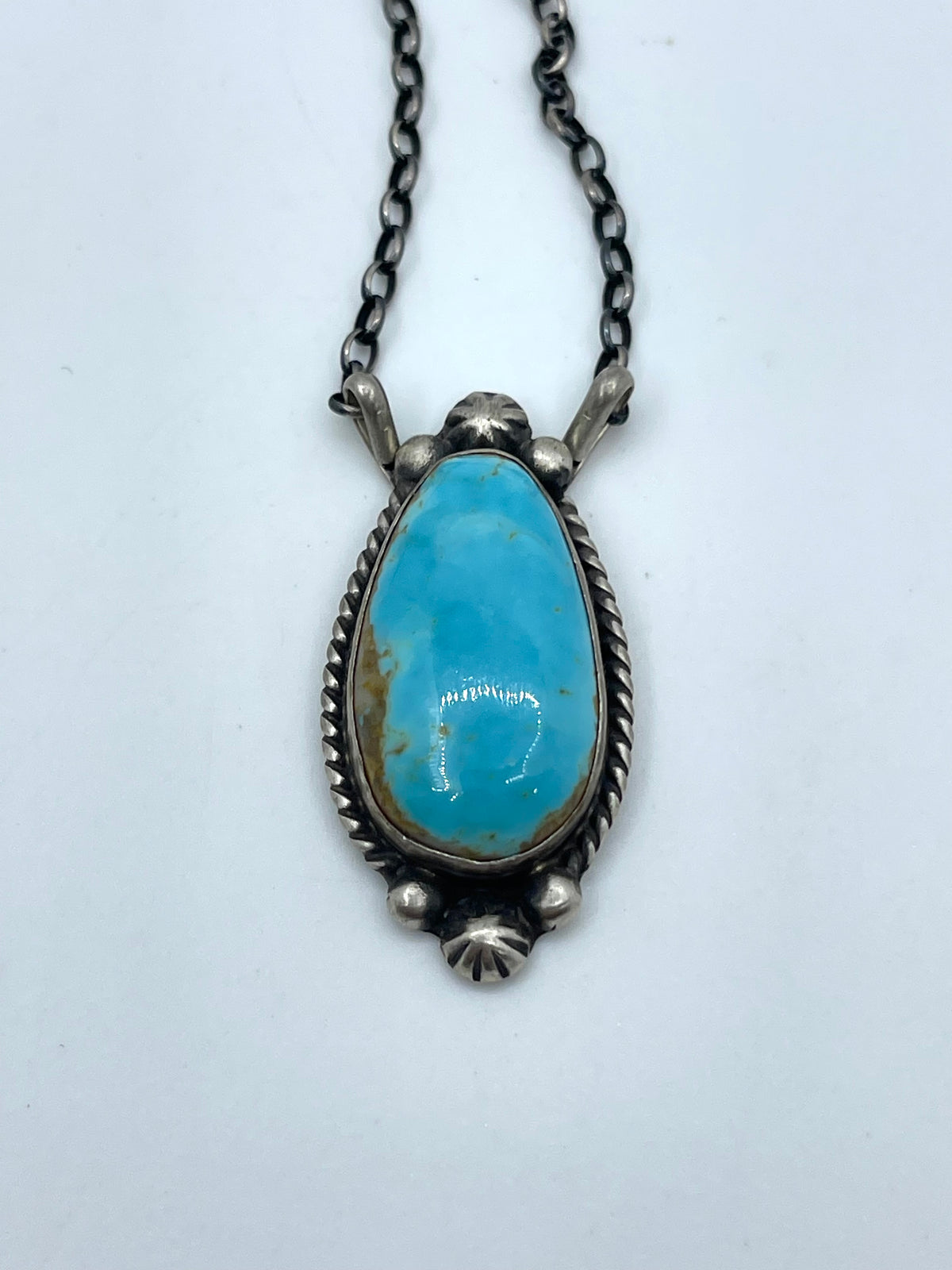 18" Kingman Turquoise Teardrop Shaped Necklace by Augustine Largo, Navajo