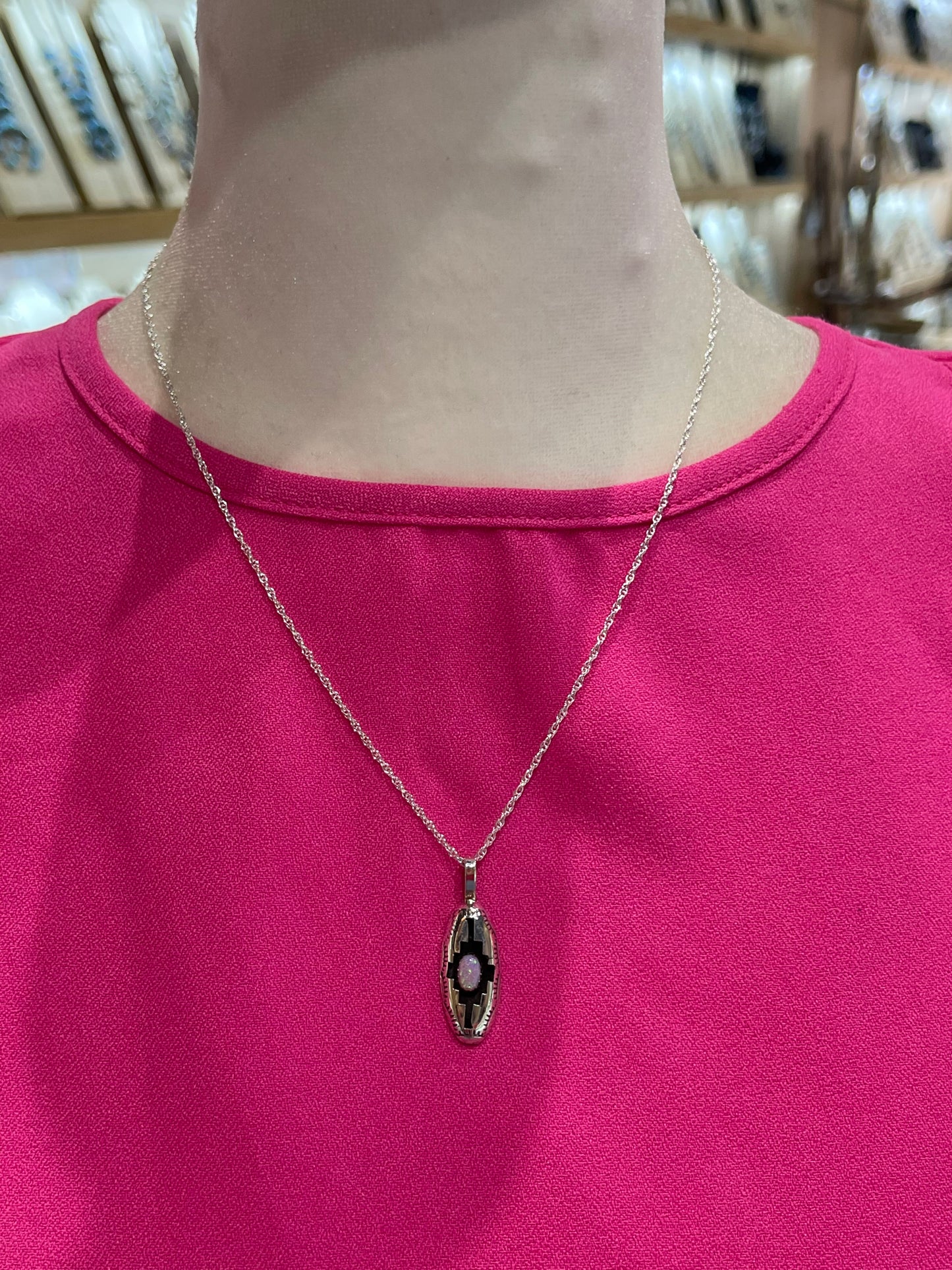 Pink Opal Shadow Box Pendant on 18" Chain by Felix Perry, Navajo