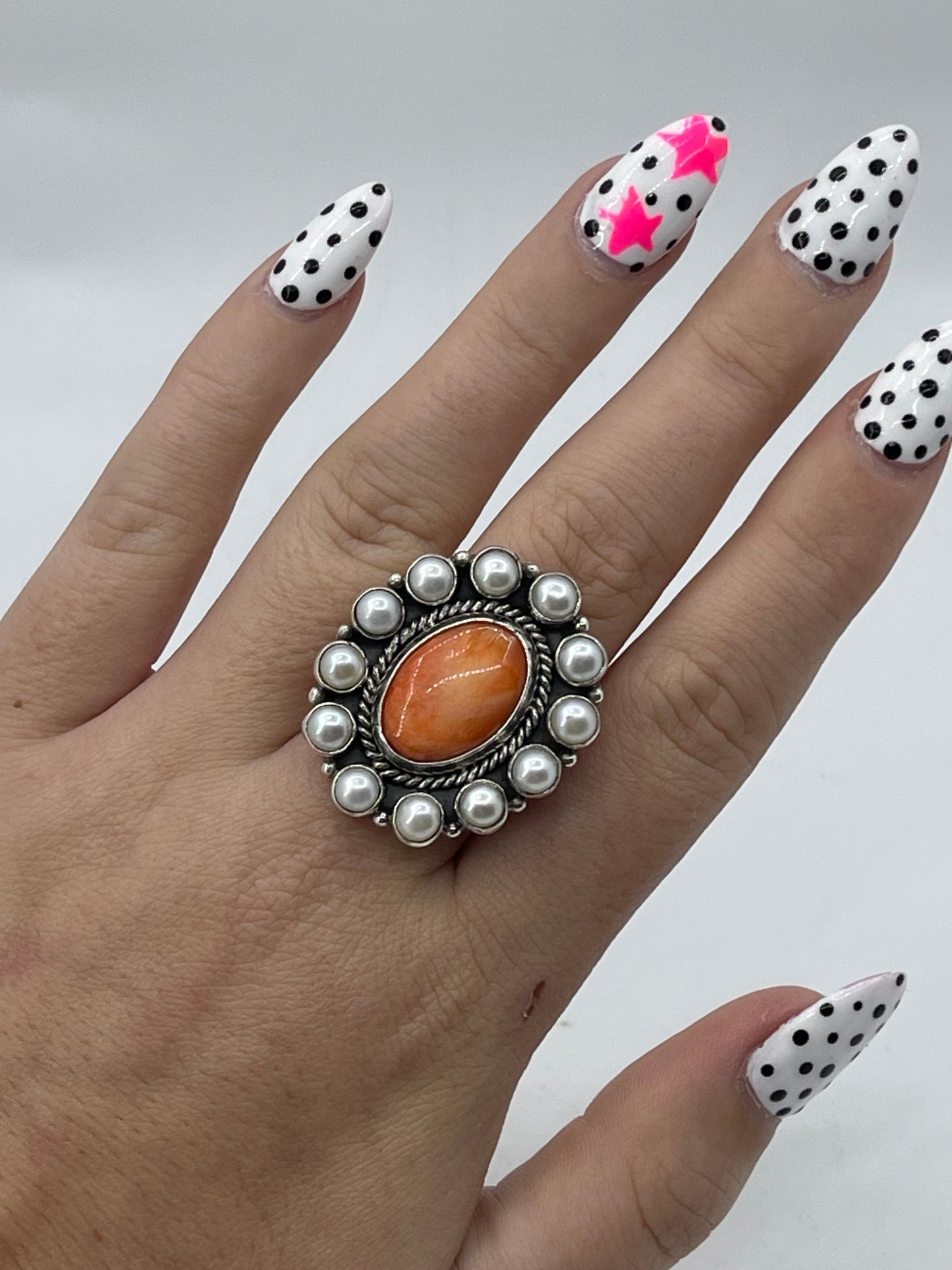Orange Spiny Oyster and Freshwater Pearl Cluster Adjustable  Ring