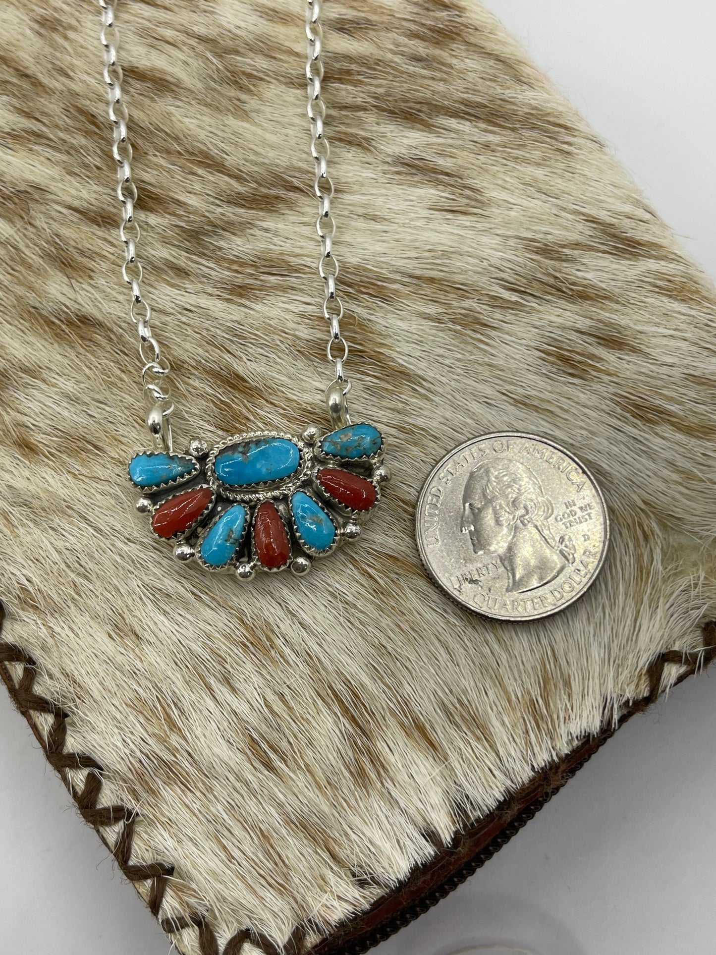 16" Half Cluster Kingman Turquoise & Red Coral Necklace by Alicia Wilson, Zuni