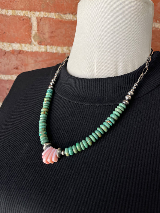 20" Emerald Valley Turquoise and Pink Conch Shell Necklace by Tammy Nolcott, Navajo