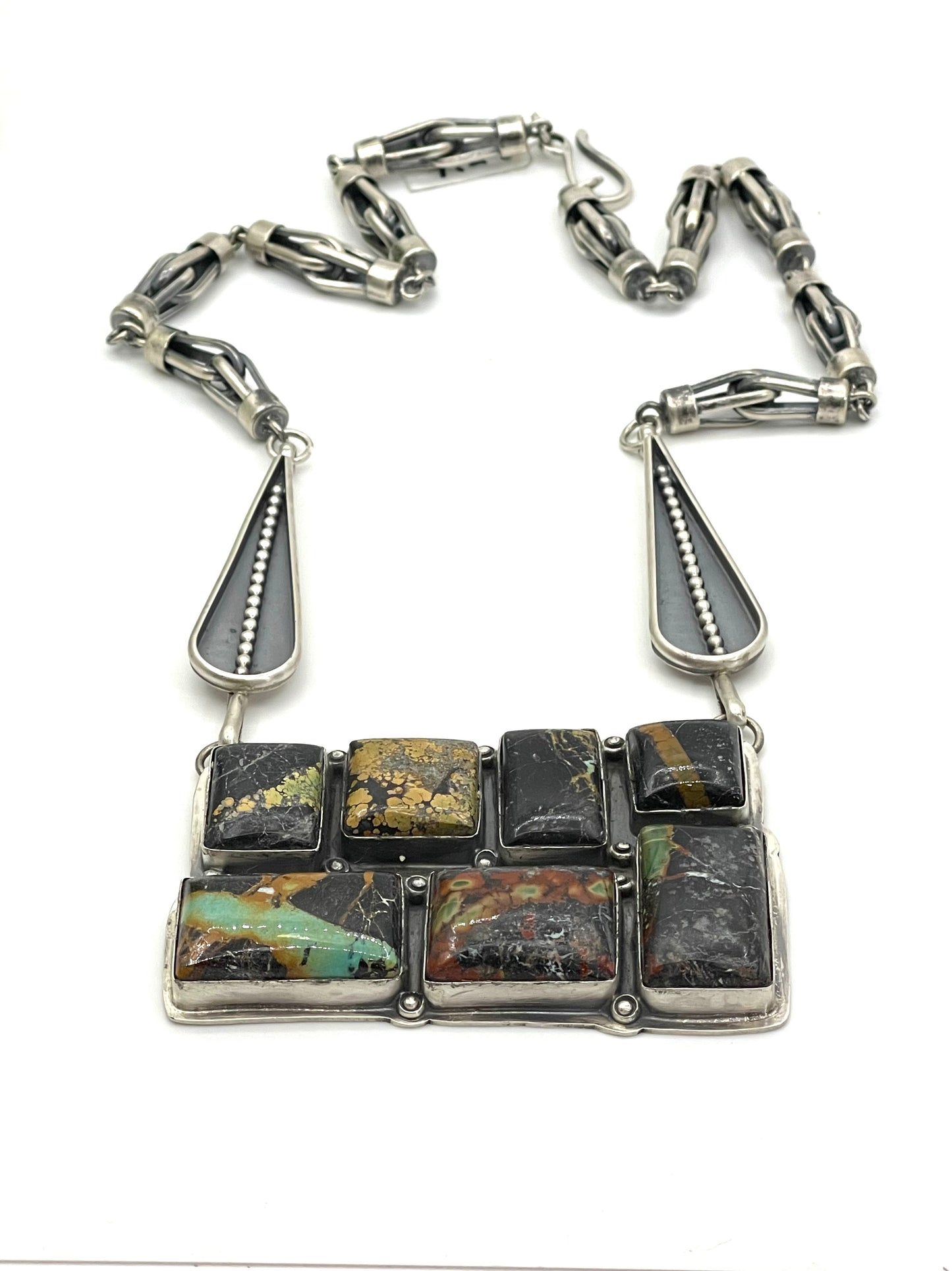 23" Black Jack Turquoise 7 Stone Necklace by Gabby Jurardo, Mexican