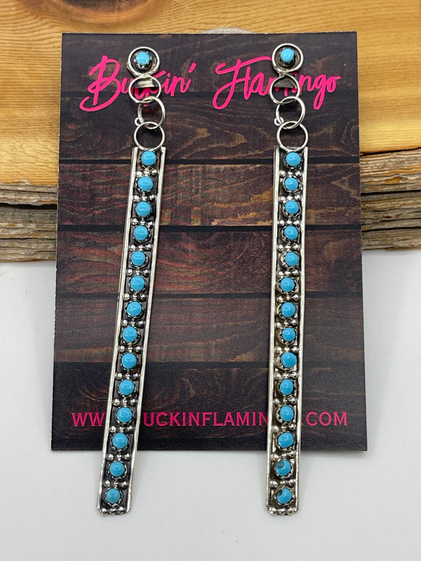 4" Turquoise Snake Eye Post Dangle Earrings by Joan Cheama, Zuni