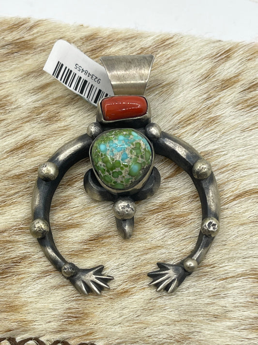 Sonoran Gold, Coral, and Sterling Silver Naja Pendant Chimney Butte, Navajo