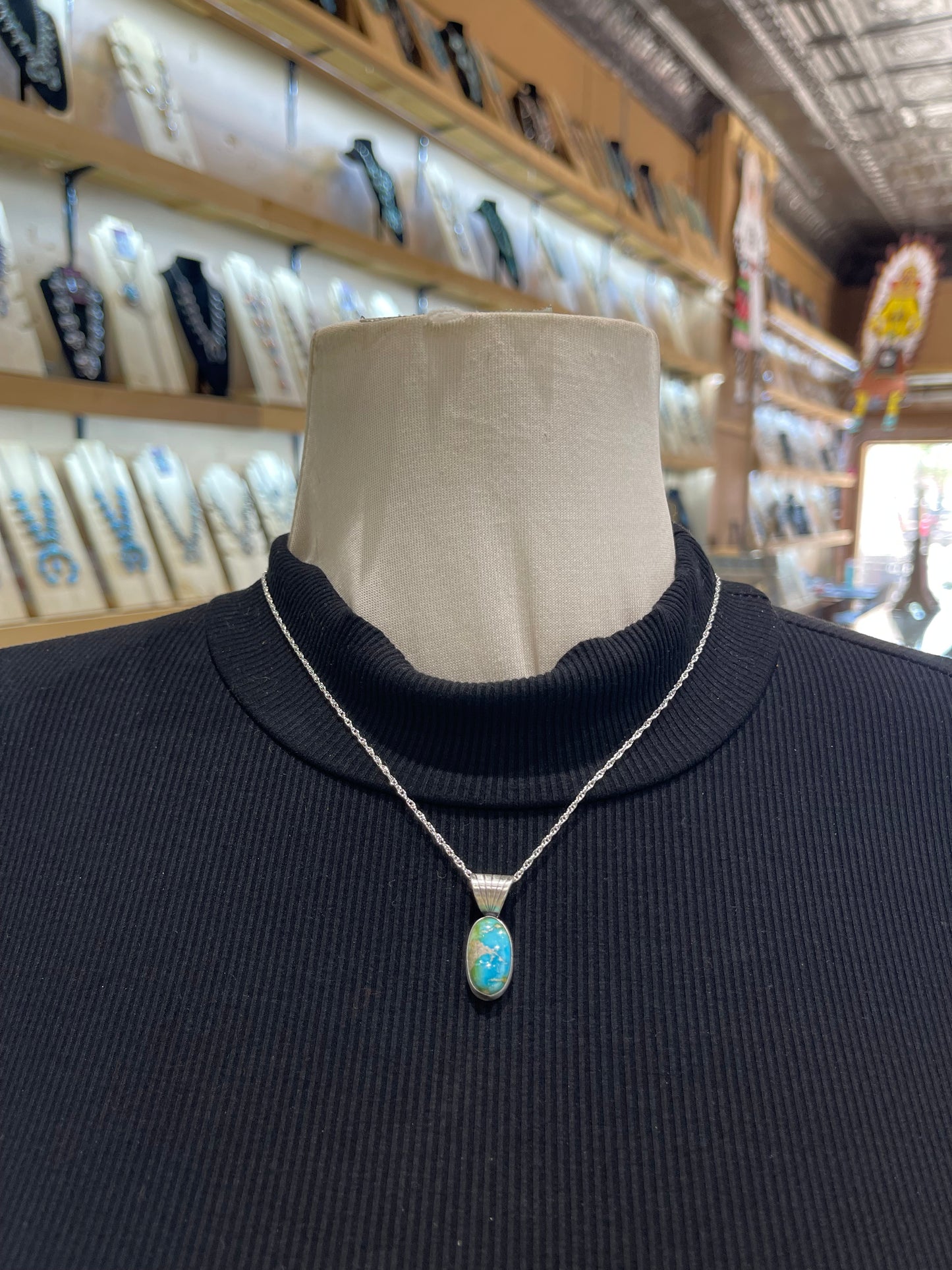 18” Chain Sonoran Gold Turquoise Oval Pendant 6mm Bail by Adalarae Yazzie, Navajo