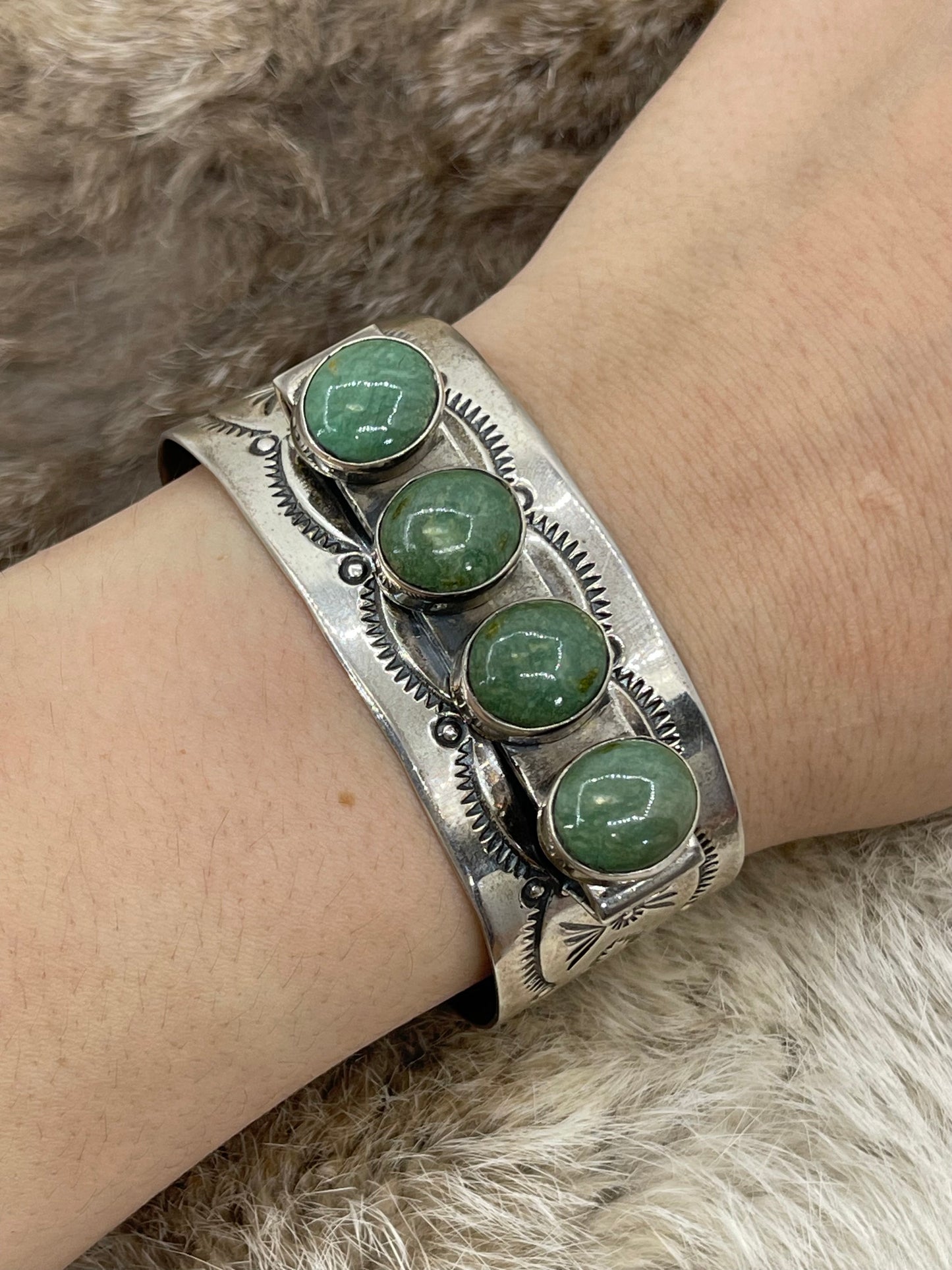 7" - 7.5" 4 Stone Emerald Valley Turquoise Bracelet by Delbert Secatero, Navajo