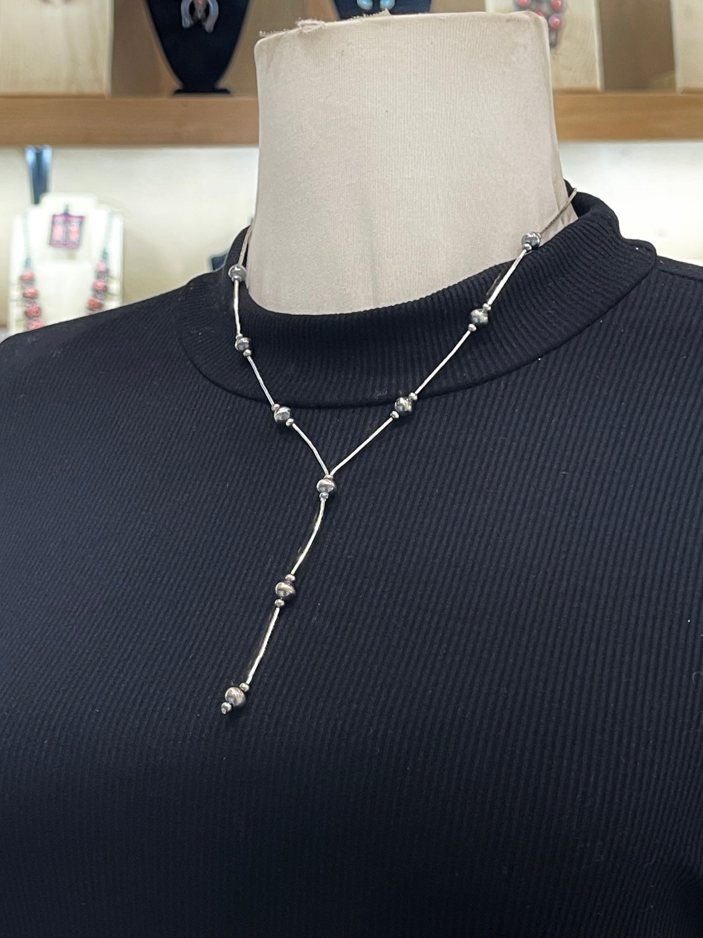 18" + 3.5" Drop Liquid Silver Lariat w/6MM Navajo Style Pearls Necklace