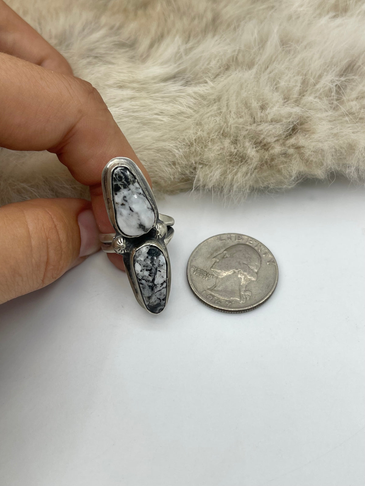6.0 Semi Adjustable 2 Stone White Buffalo Ring by Boyd Ashley, Navajo