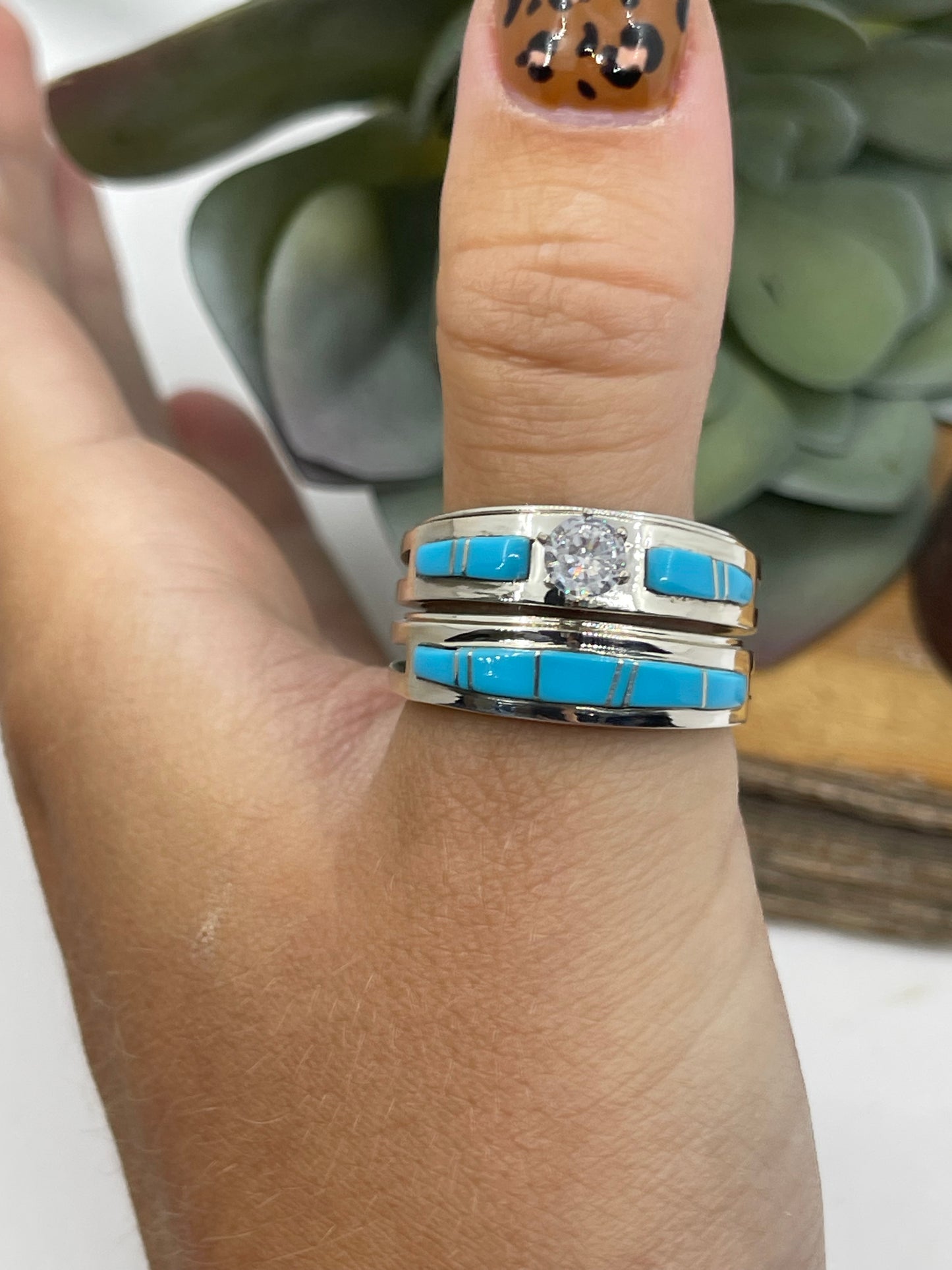 10.5 Inlaid Turquoise Wedding Ring Band Set by Wilbert Muskett Jr, Navajo