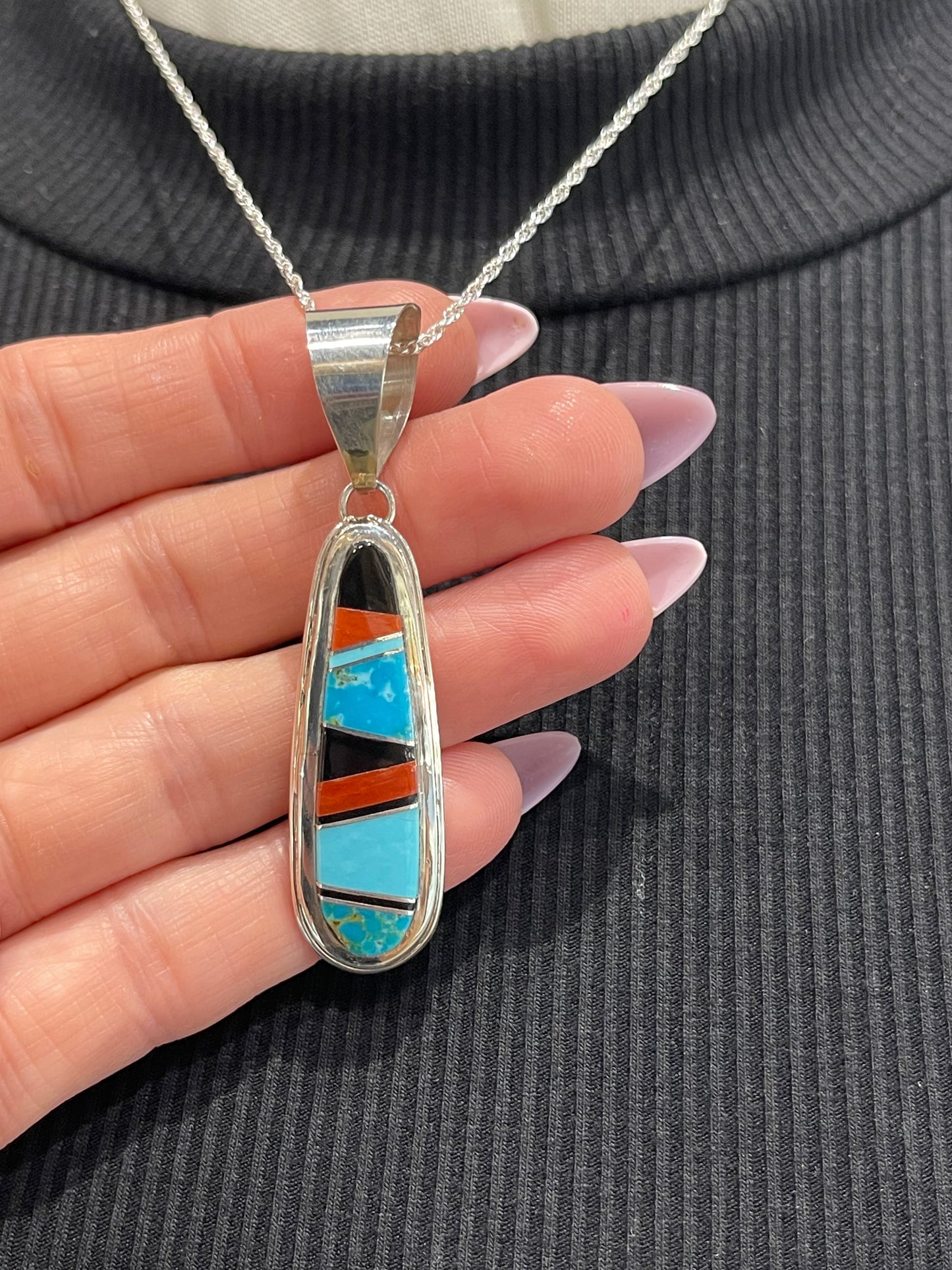 18” 12.5mm Bail Inlay Pendant by Victor Maritza, Zuni