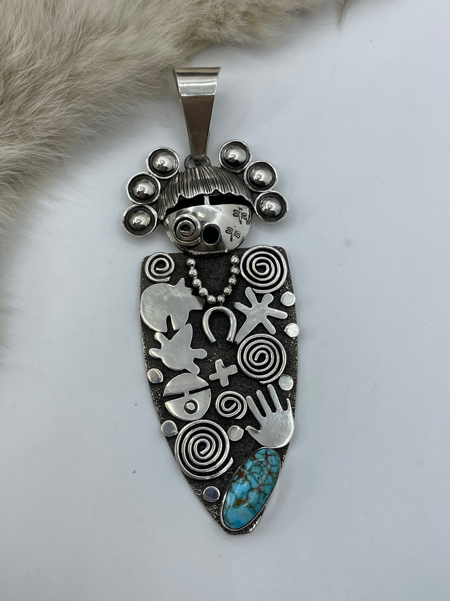 Maiden Face Petroglyph Pendant with Kingman Turquoise by Alex Sanchez, Navajo