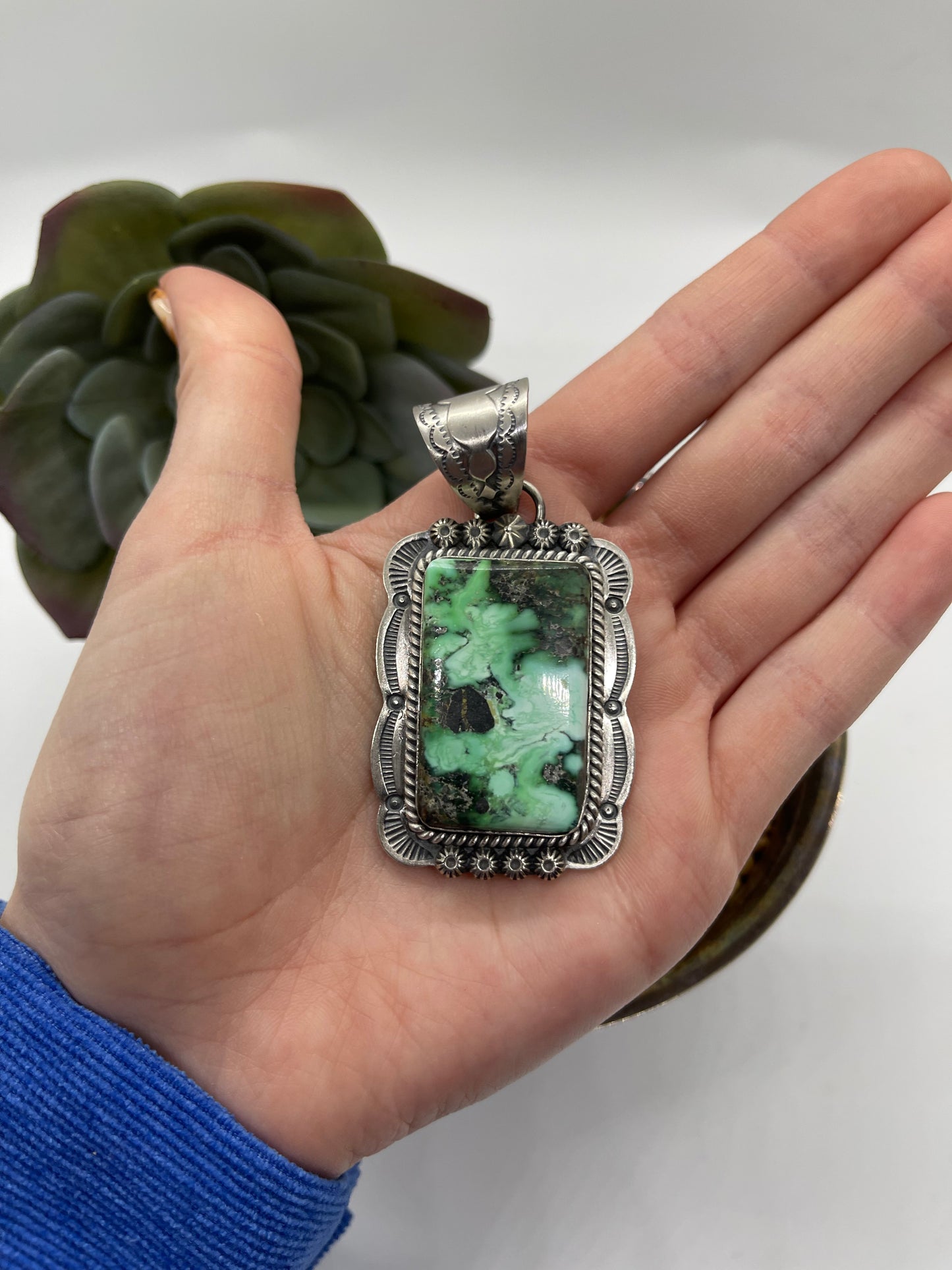 Emerald Rose Turquoise Rectangle Pendant with a 11.3mm Bale by Gilbert Platero, Navajo