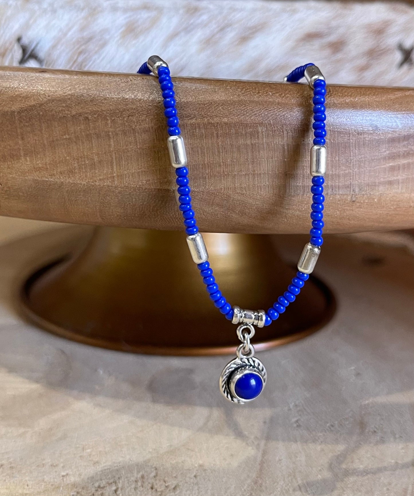 16" + 2" extender Blue Glass Seed Bead and Silver Pill Bead Necklace with Pendant