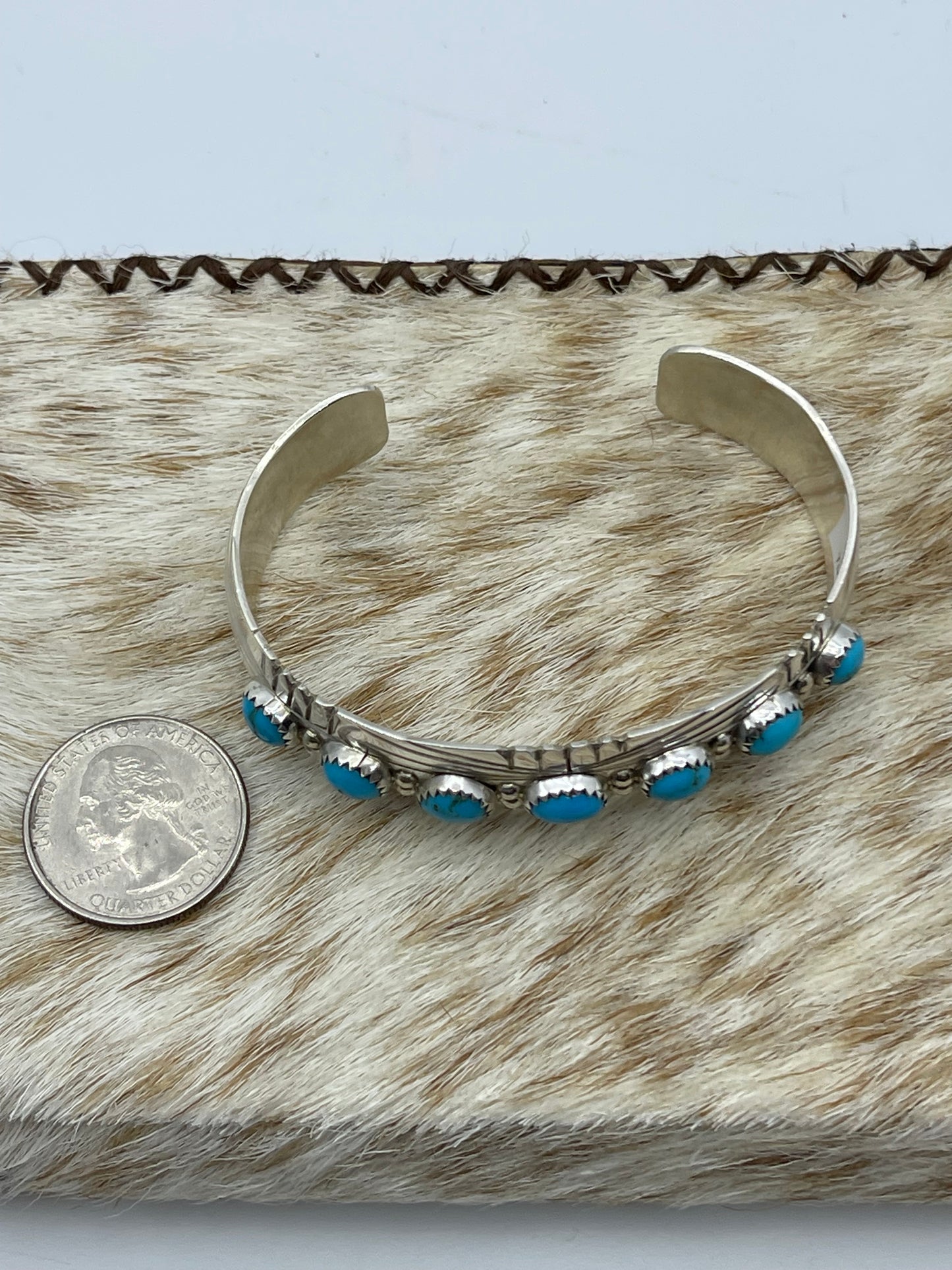 6"-6 3/4" 7 Stone Sleeping Beauty Turquoise Cuff by David Segar, Navajo