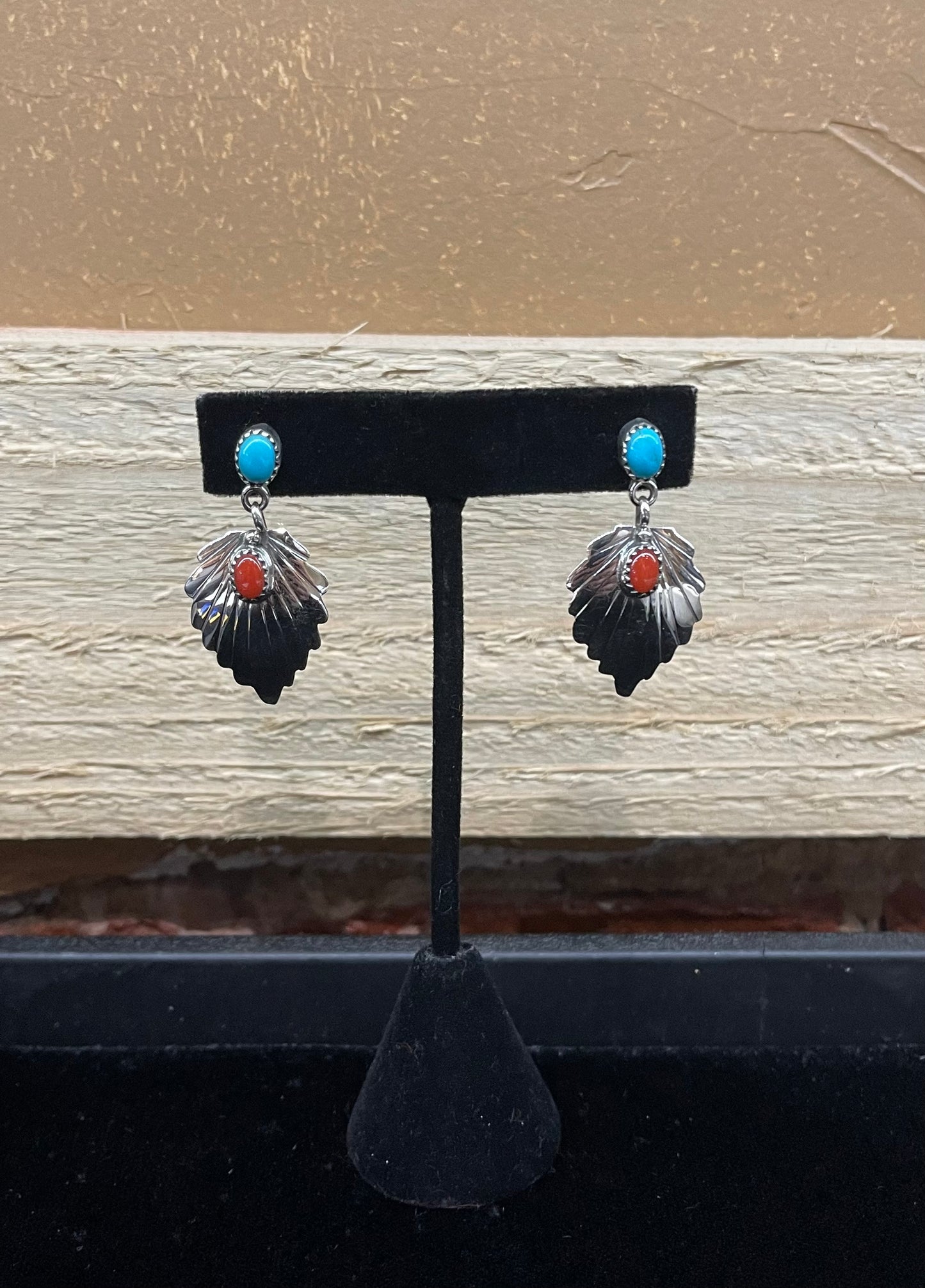 Turquoise and Red Coral Post Dangle Earrings by Genevieve Francisco, Navajo