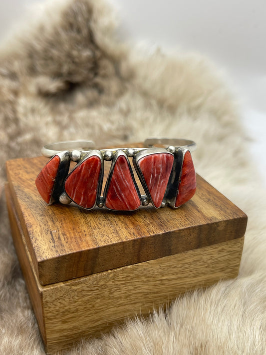 5 Stone Red Spiny Oyster Cuff by Augustine Largo, Navajo