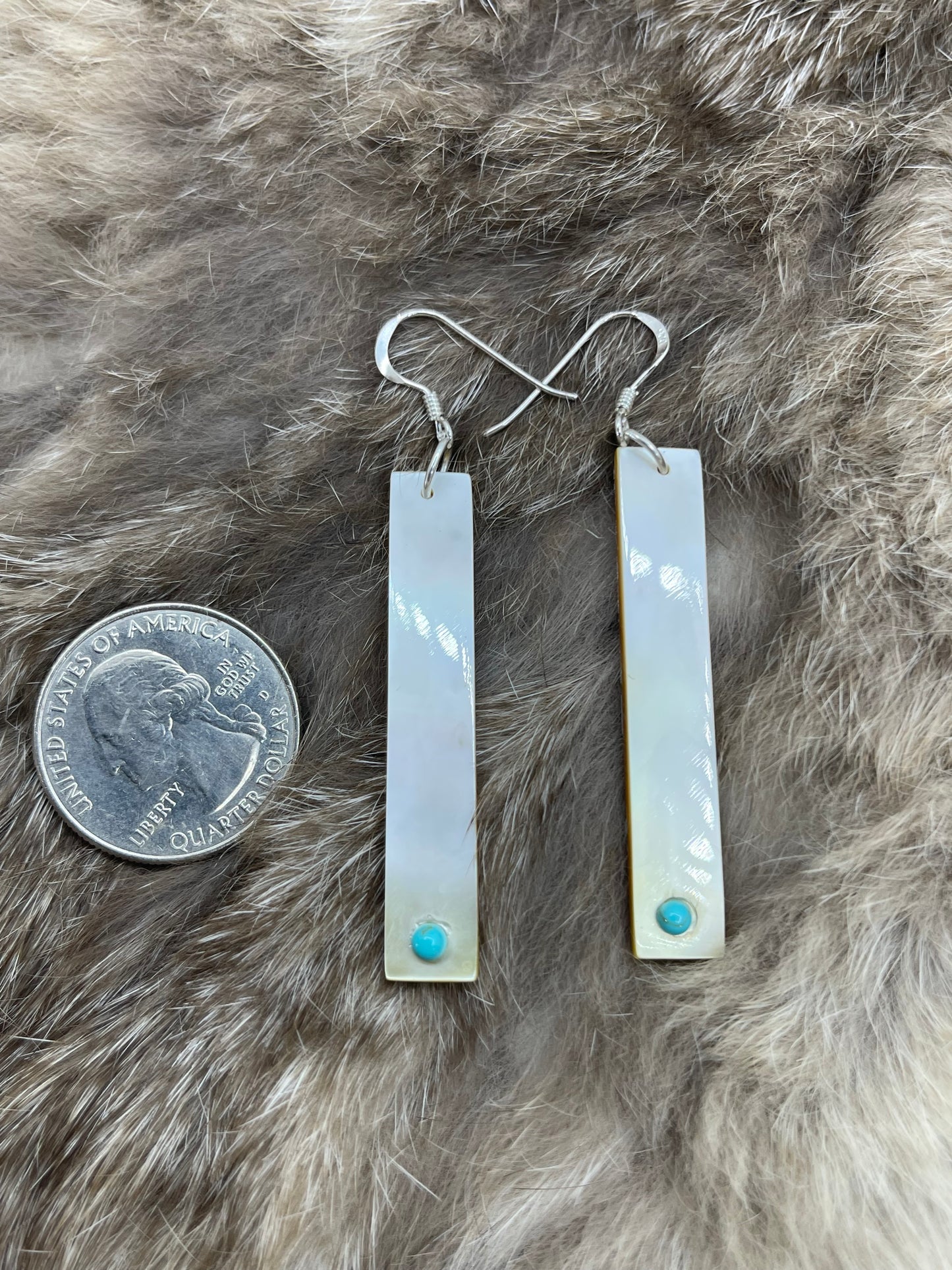 Mother of Pearl Long Dangle Rectangle w/ Turquoise by Jesus Espino, Zuni