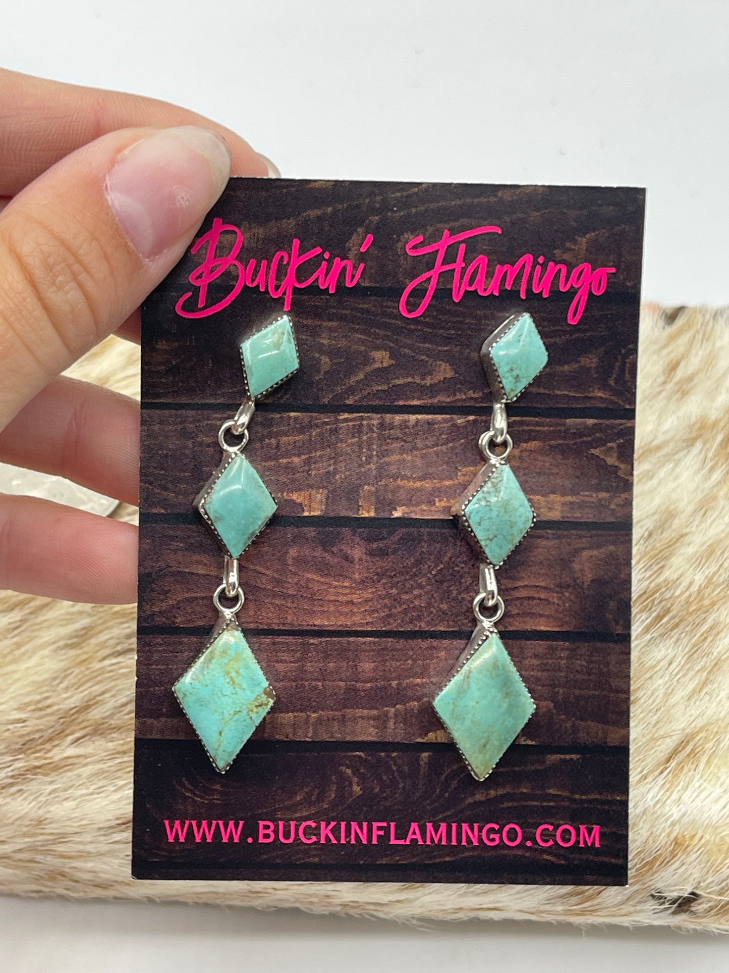 3 Stone Kingman Turquoise Diamond Shaped Post Dangle Earrings by Jimson Belin, Navajo