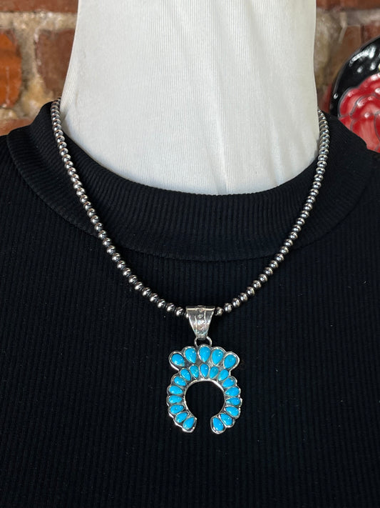 18" 4mm Navajo Pearls with Turquoise Naja 7.6mm Bale Pendant by Jimson Belin, Navajo