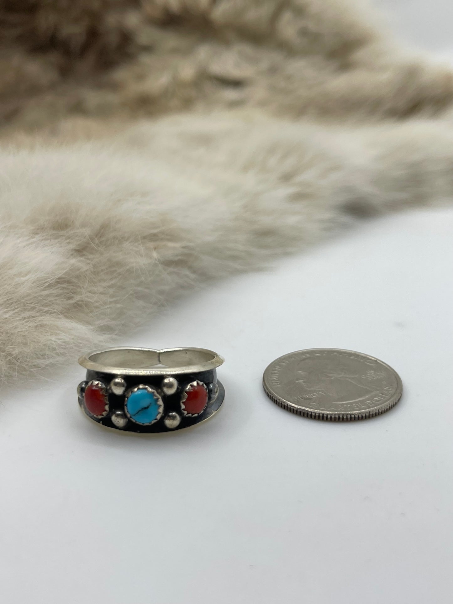 11.0 Red Coral & Blue Turquoise Ring, Navajo Made