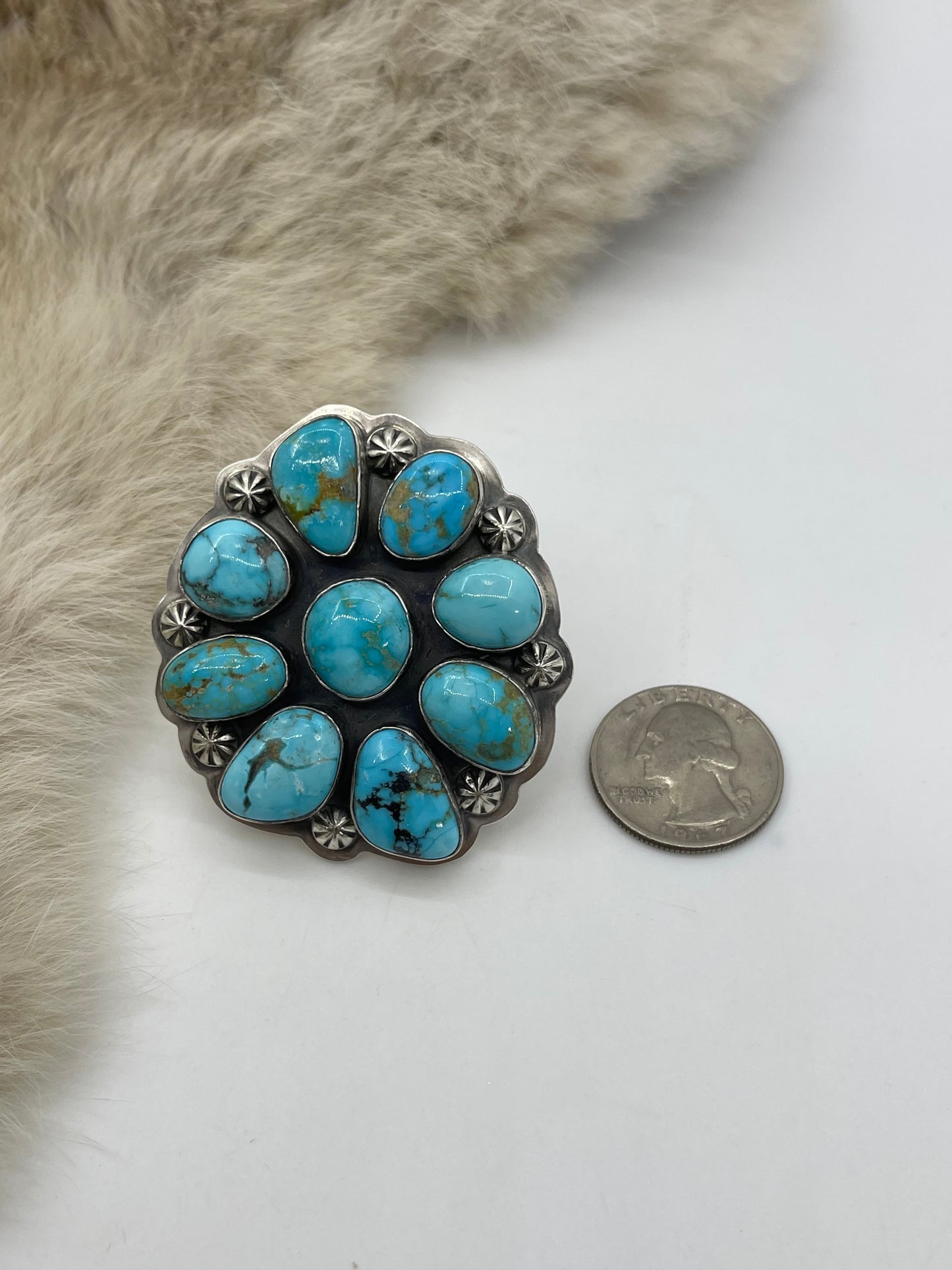 Adjustable 5.0-11.0 High Grade Kingman Turquoise Cluster Ring by Gabby Jurado, Navajo