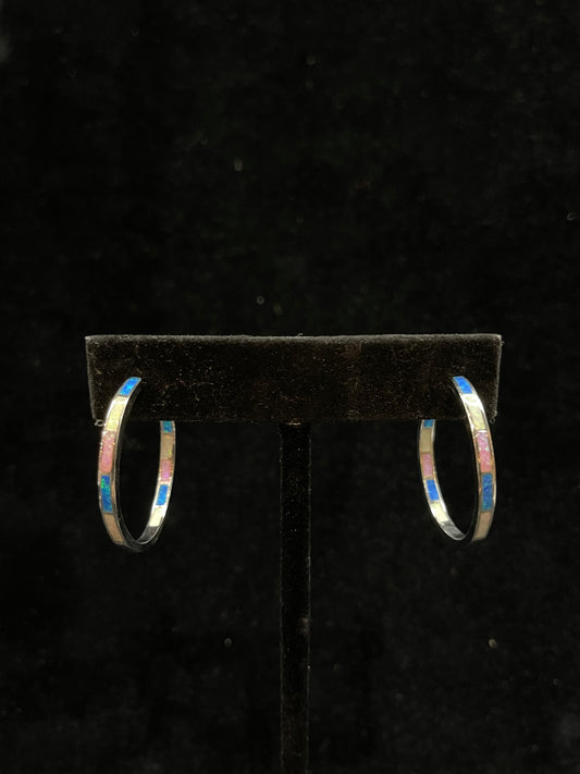 Multi opal inlay Hoop Post Earrings