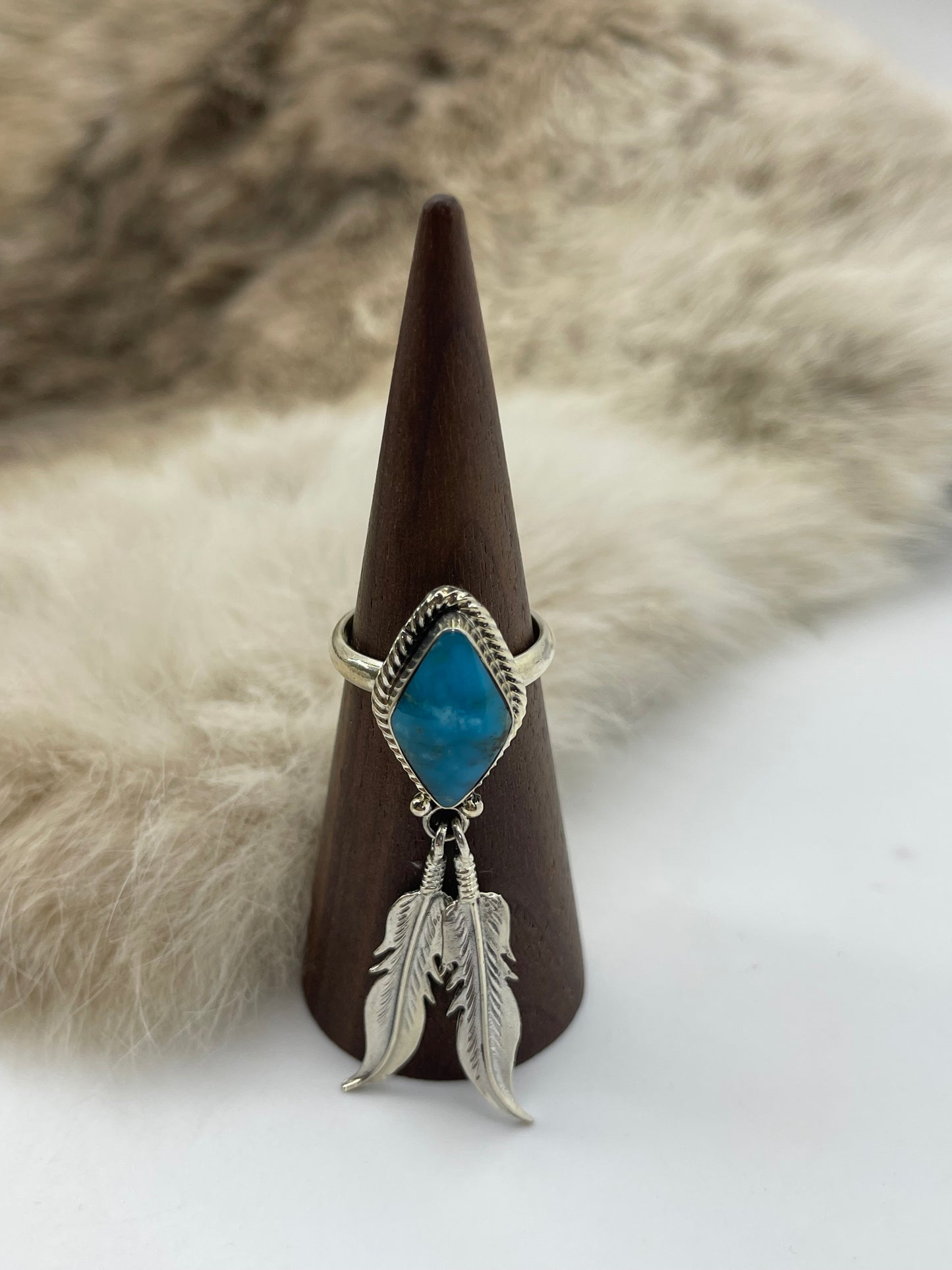 7.0 Turquoise Ring with Feathers by Jerome Lee, Navajo