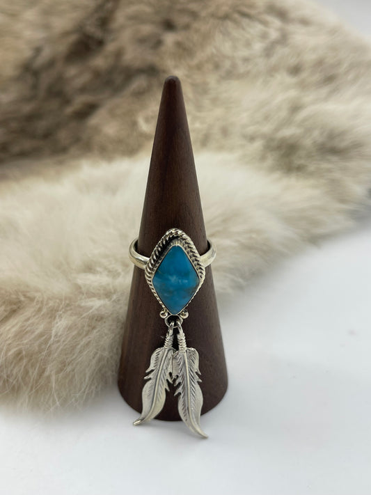 7.0 Turquoise Ring with Feathers by Jerome Lee, Navajo