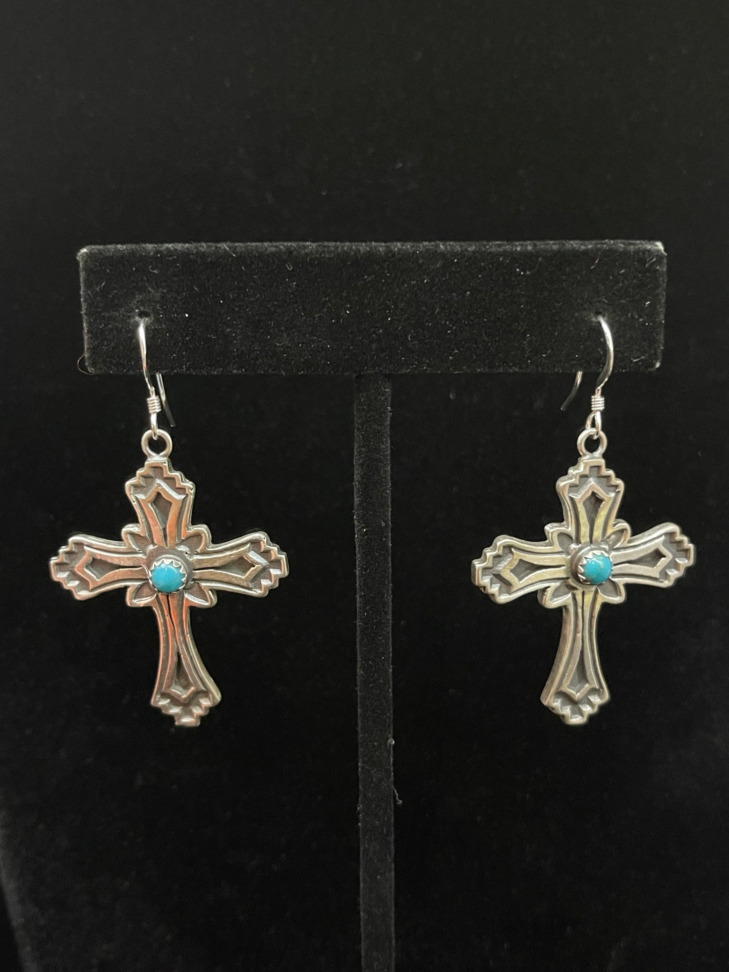 Cross Dangle Earrings with Turquoise Stone by Louise Joe, Navajo