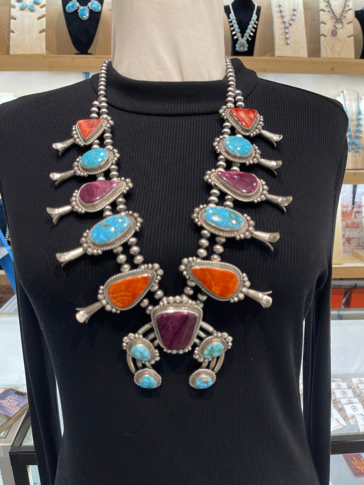 28" Multi Stone Squash Blossom Necklace by Tom Lewis, Navajo