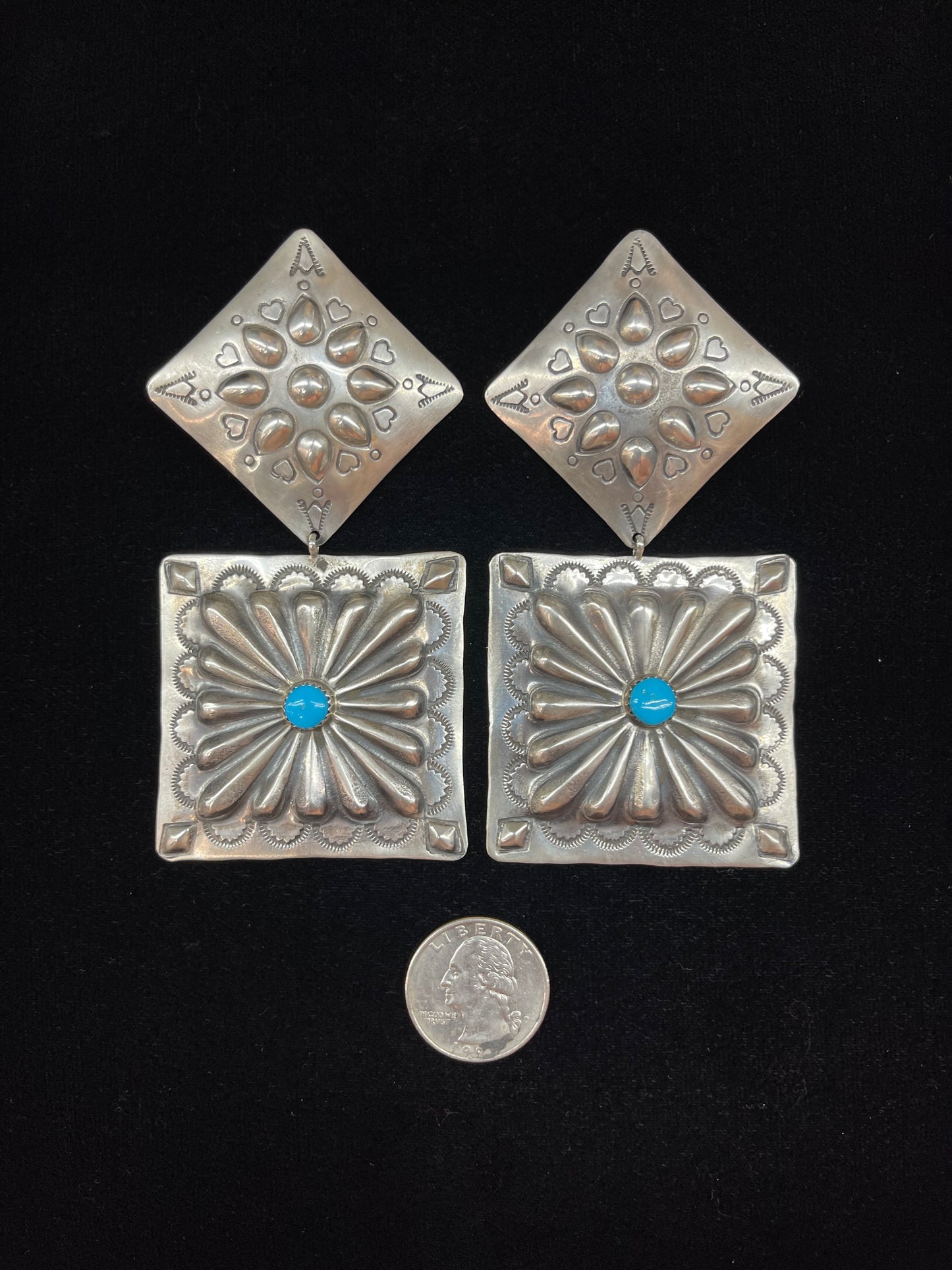 Large Stamped Sterling Silver Concho Dangle earring with Sleeping Beauty Turquoise by Rose Lincoln, Navajo