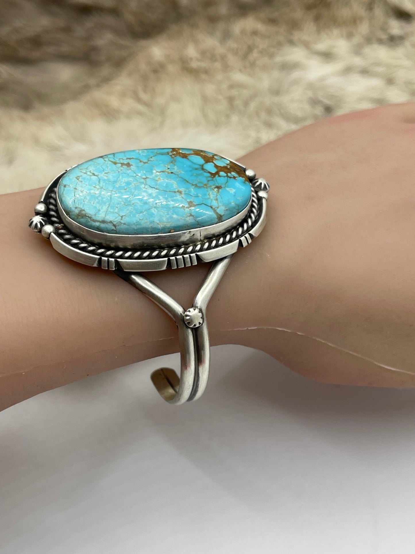 5.5”-7.25” #8 Turquoise Cuff by Eugene Belone, Navajo