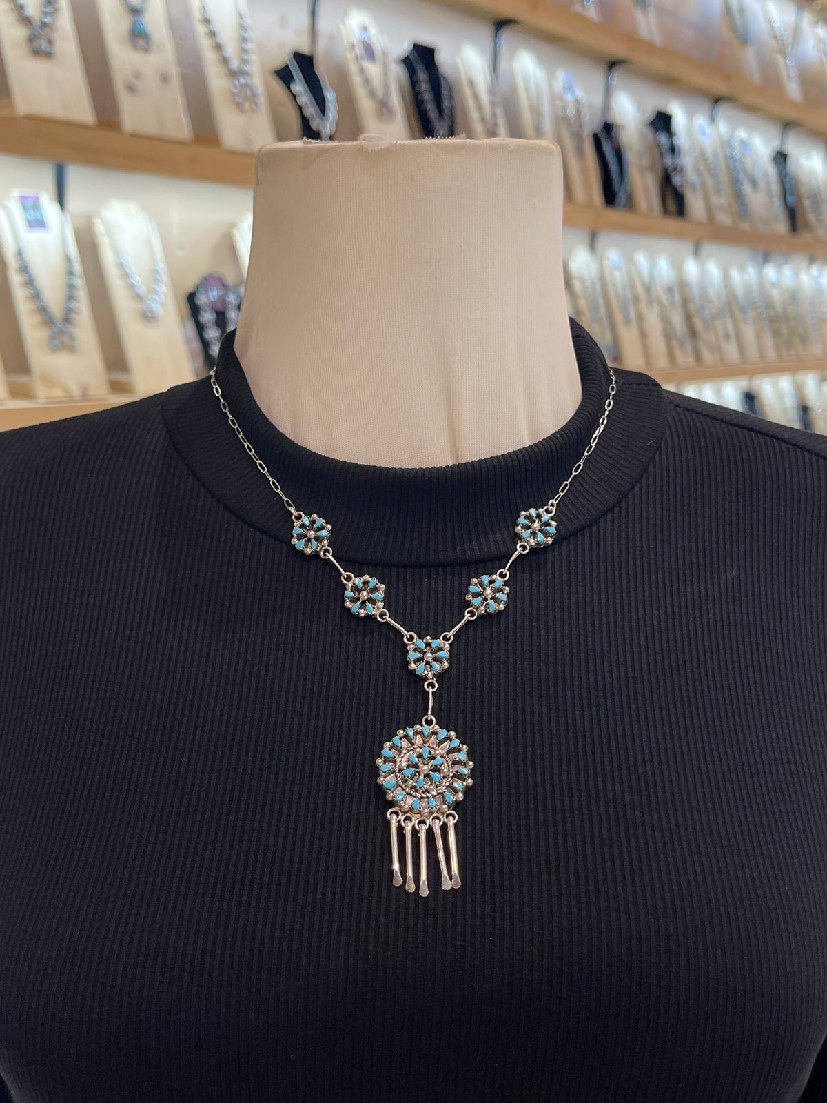 18" Petit Point Turquoise Cluster Necklace & Earring Set by Tricia Leekity, Zuni
