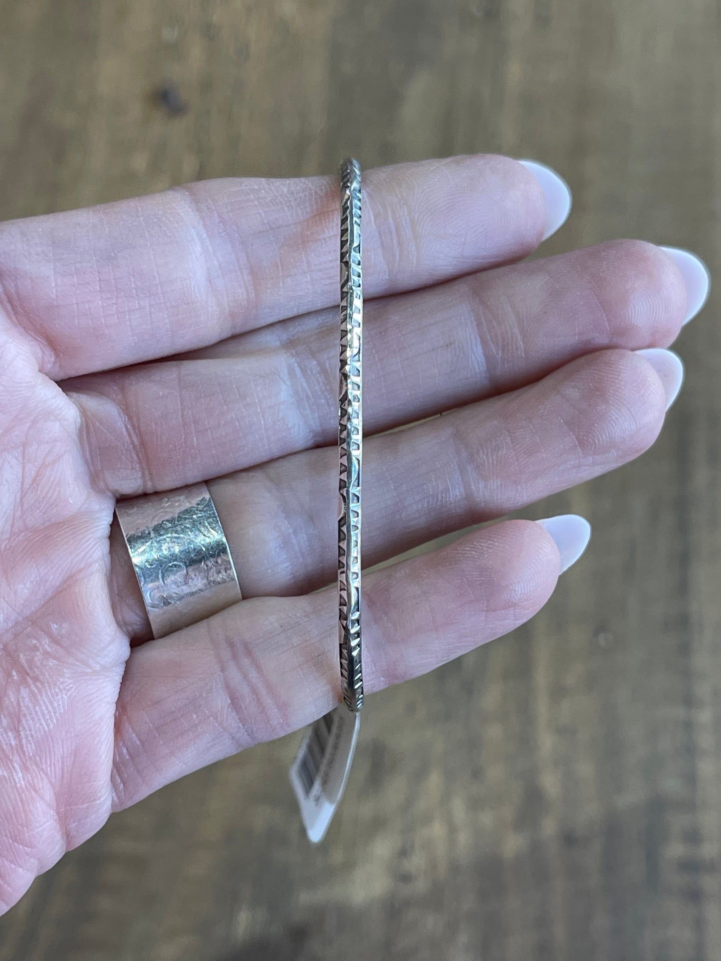 5 3/4"- 6 3/4" Triangle Wire Sterling Silver Stamped Stacker Cuff by Elaine Tahe, Navajo