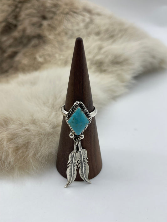 7.0 Turquoise Ring with Feathers by Jerome Lee, Navajo