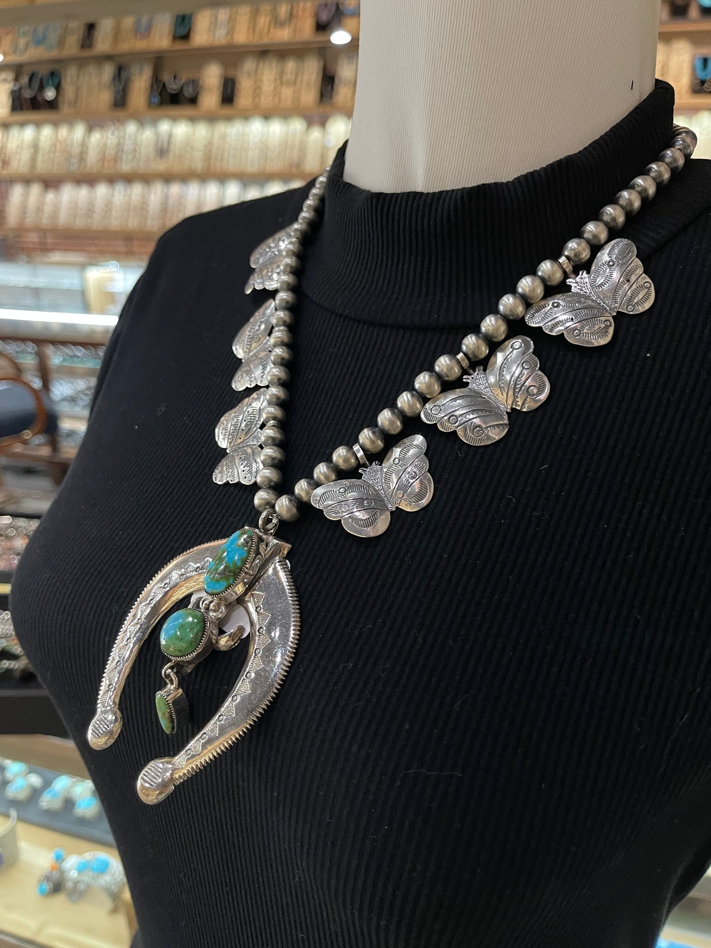 22"+3" Sonoran Gold Turquoise Naja and 8mm Navajo Pearls Necklace with Butterflies, Navajo