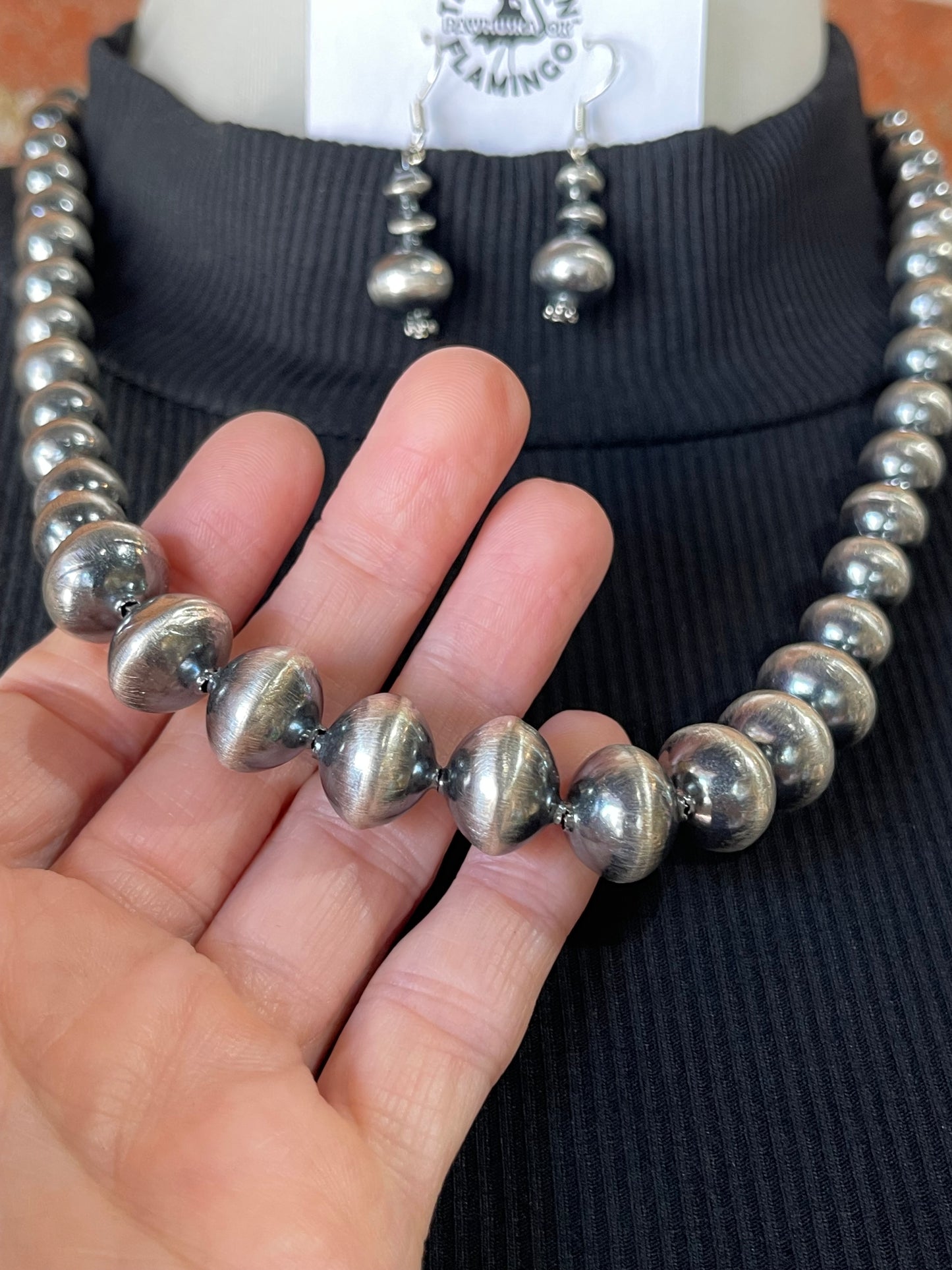 20" 6mm-13mm Handmade Navajo Pearls Necklace and Earrings Set by Treva Jim, Navajo