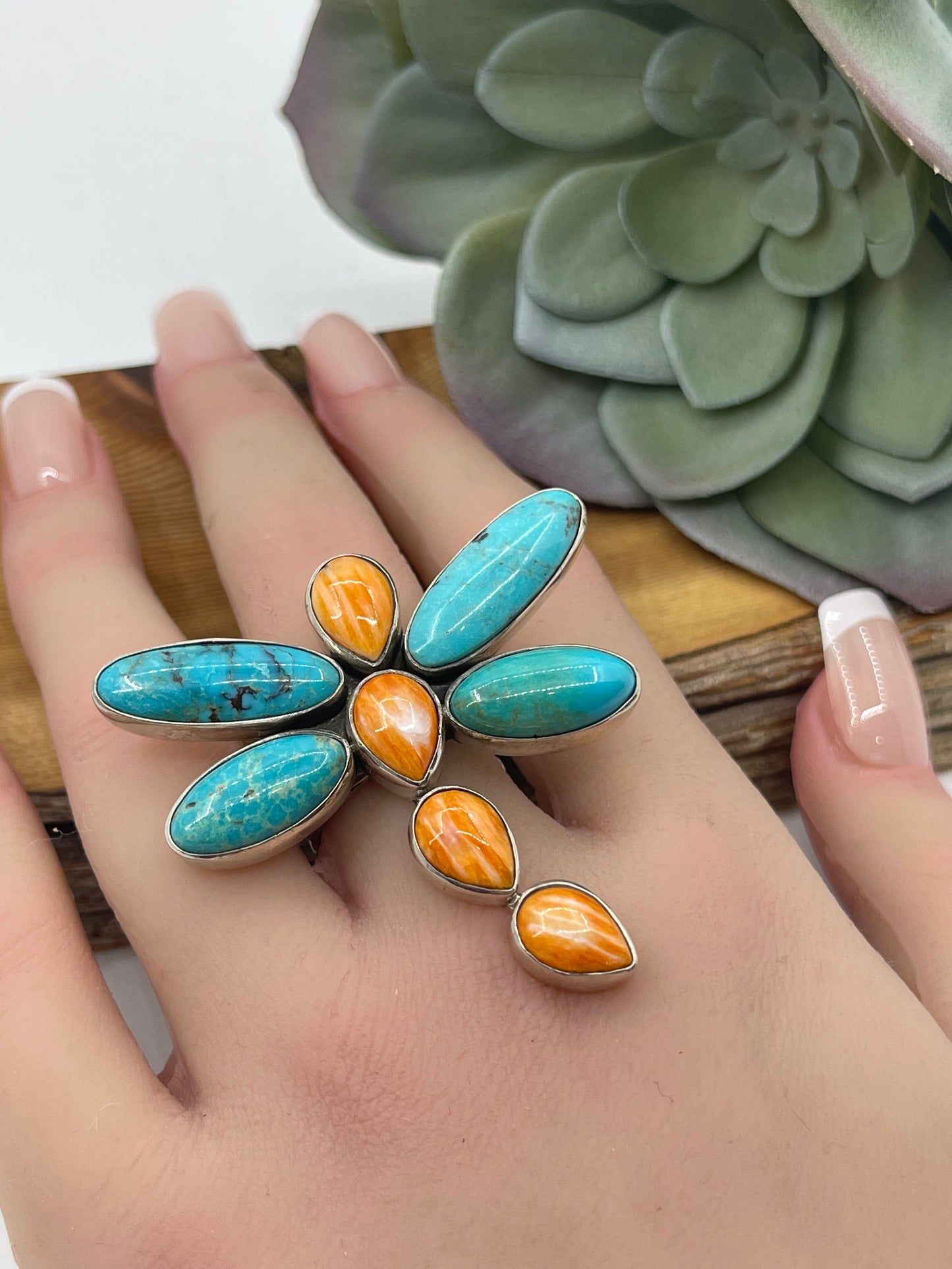 Adjustable Turquoise and Orange Spiny Oyster Shell Dragonfly Ring