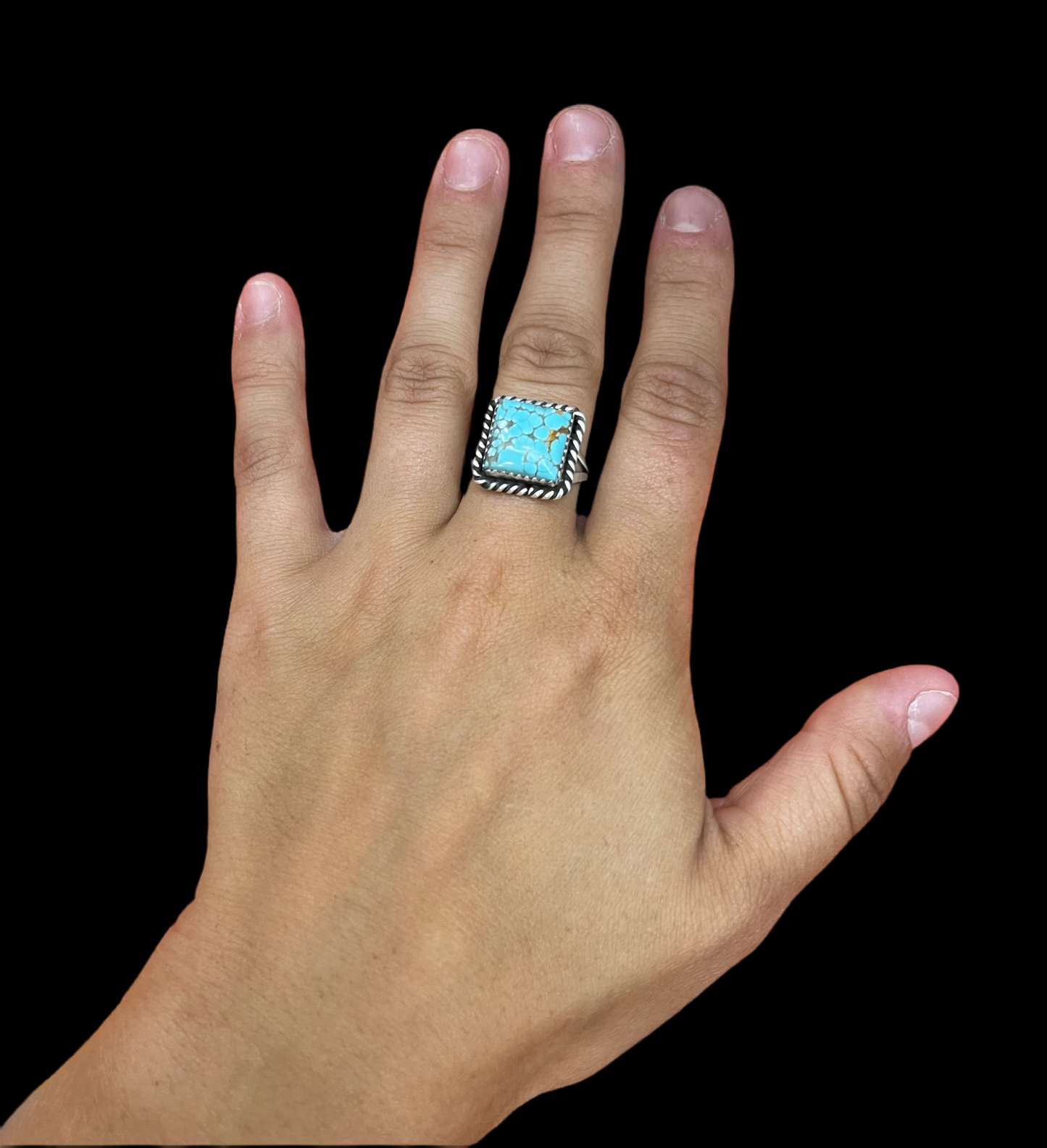 8.0 Kingman Turquoise Square Ring by Freda Martinez, Navajo