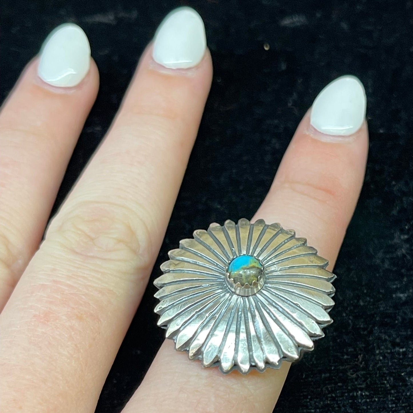 7.0 Turquoise Concho Ring by Alice Sanders, Navajo