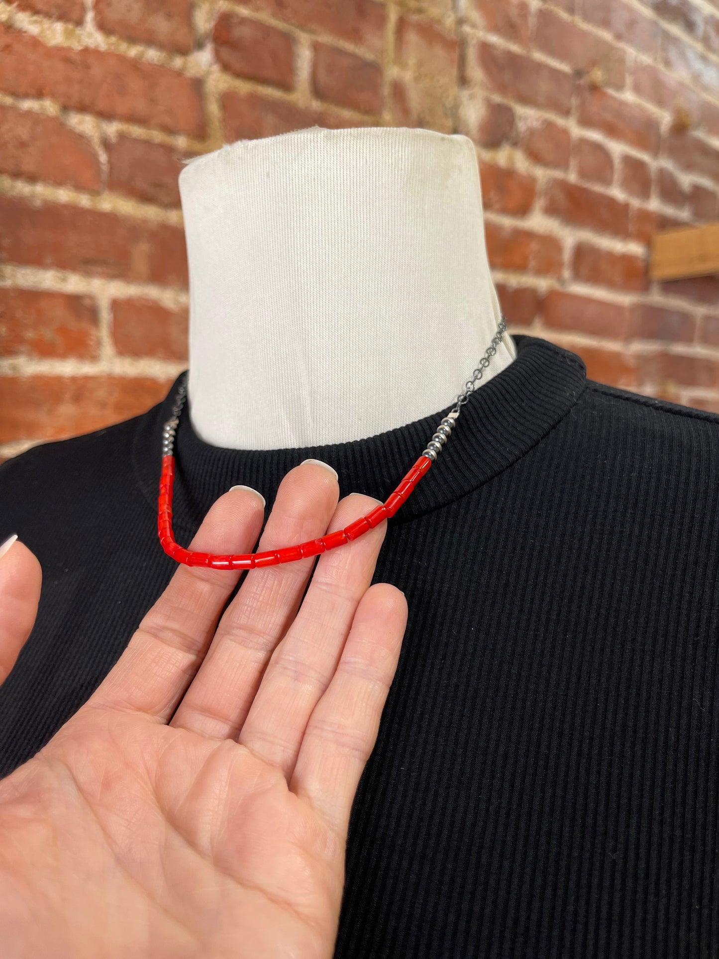 18" Red Coral and Navajo Pearls Beaded Chain Necklace