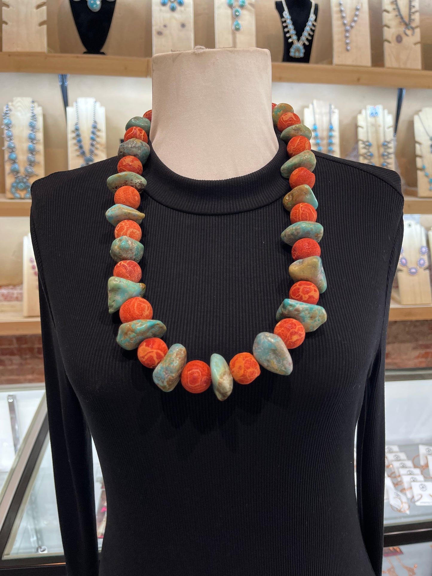 28" Kingman Turquoise & Apple Coral Necklace, Jolene Bird