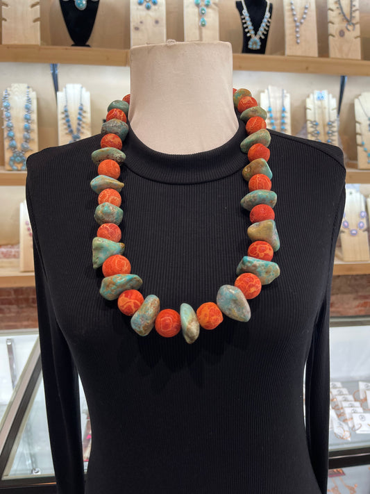 28" Kingman Turquoise & Apple Coral Necklace, Jolene Bird